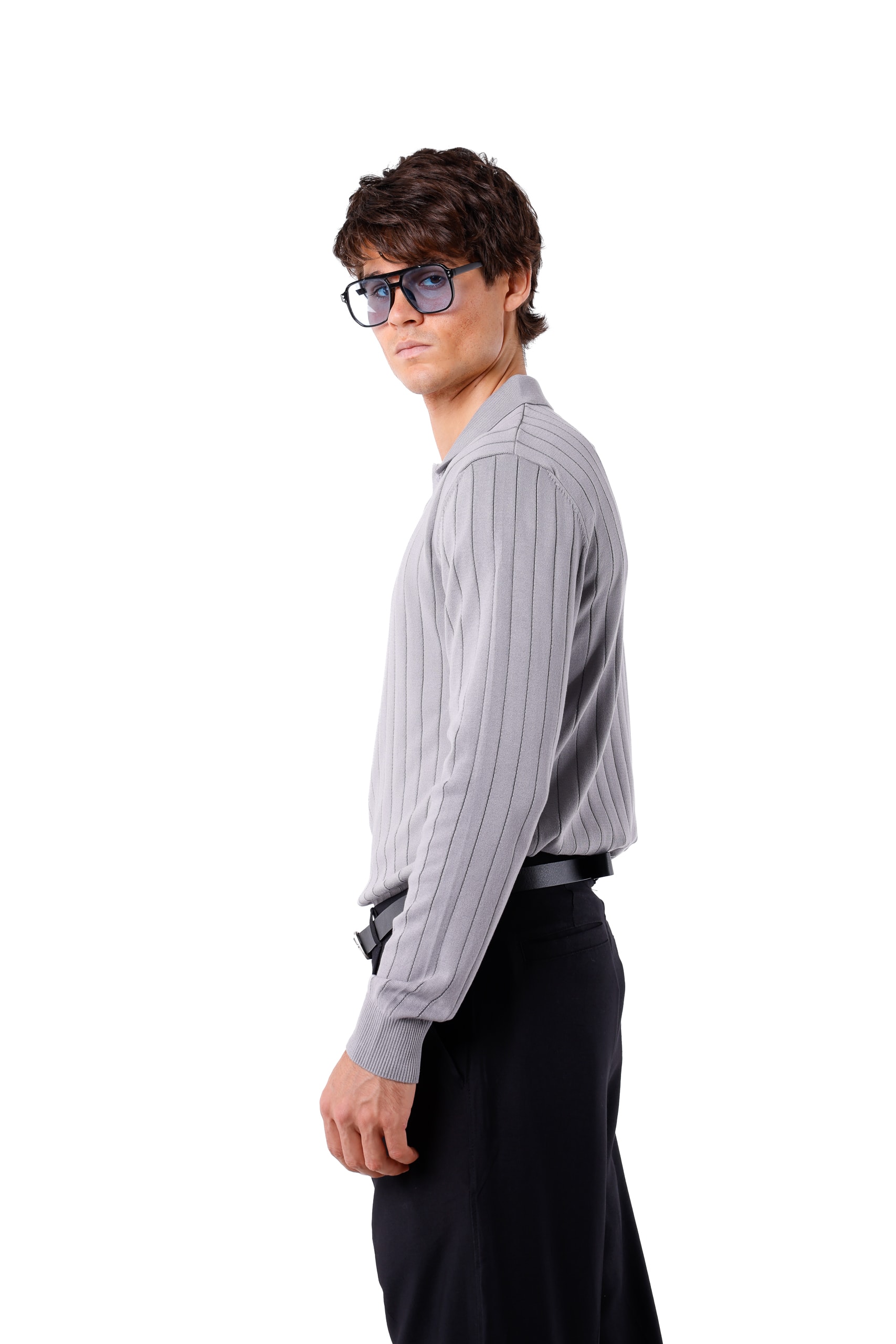 FİTİLLİ POLO YAKA TRİKO - Gray