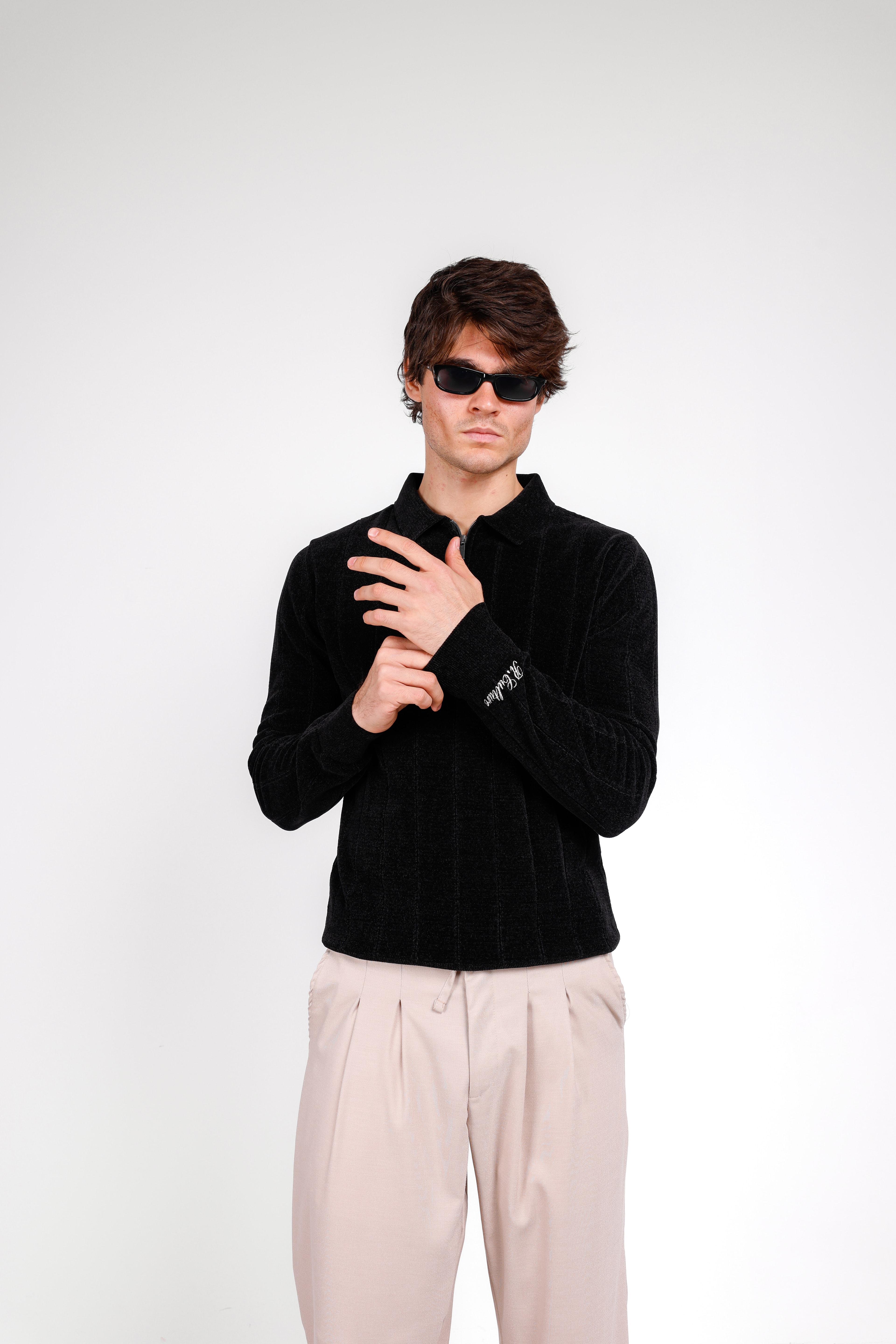 ŞÖNİL POLO YAKA NAKIŞLI KAZAK - Black