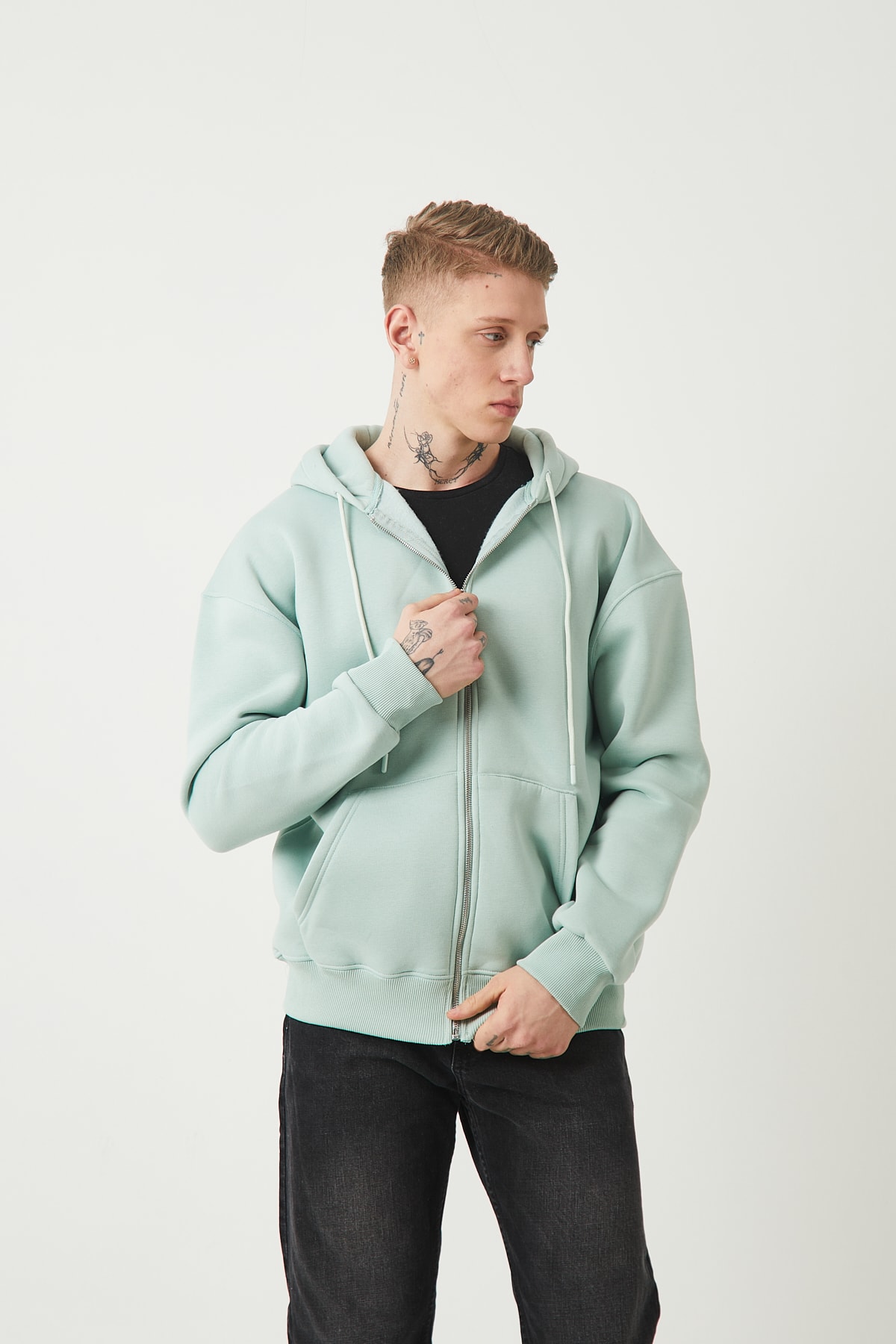 FERMUARLI KAPÜŞONLU SWEATSHIRT - MINT