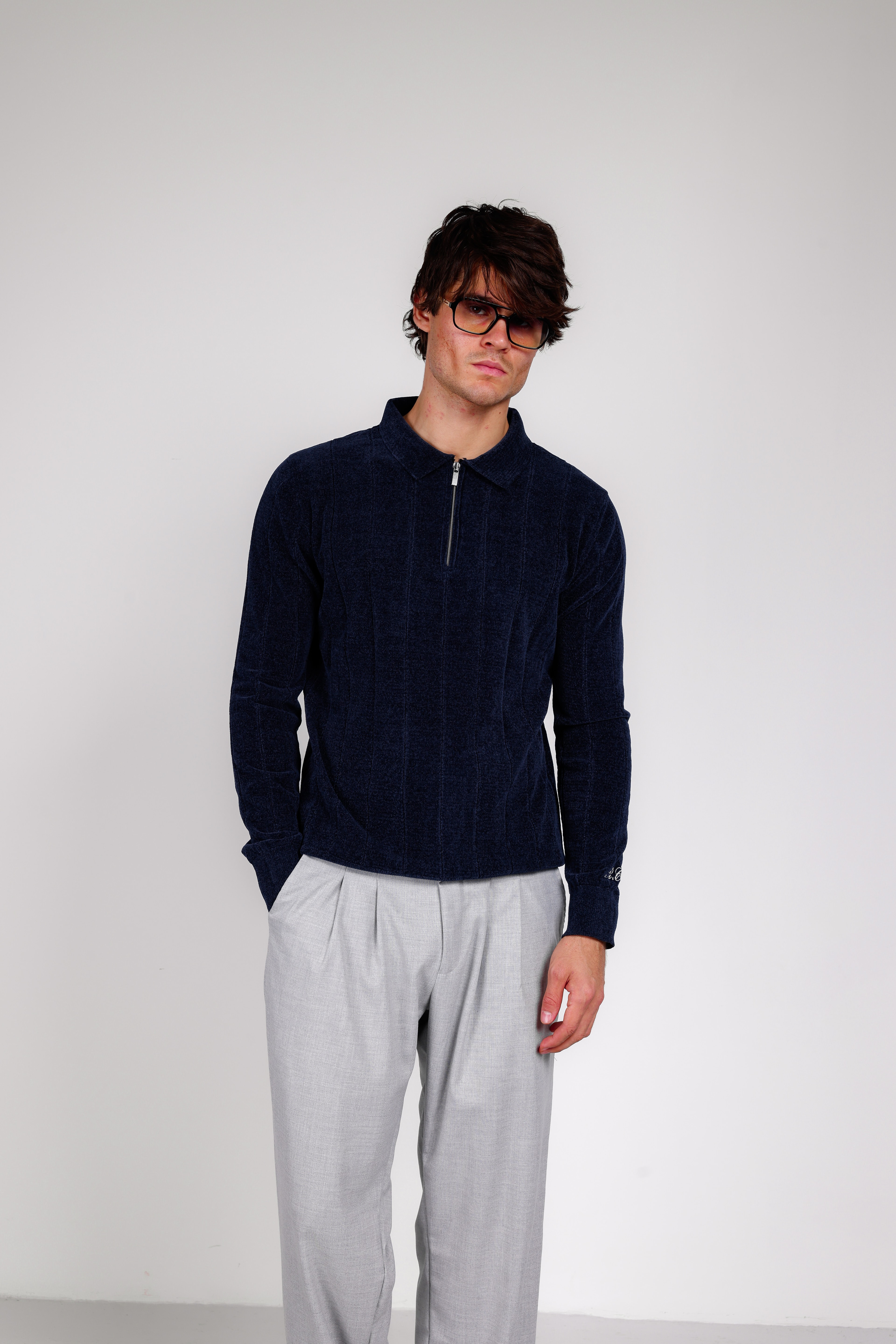ŞÖNİL POLO YAKA NAKIŞLI KAZAK - INDIGO