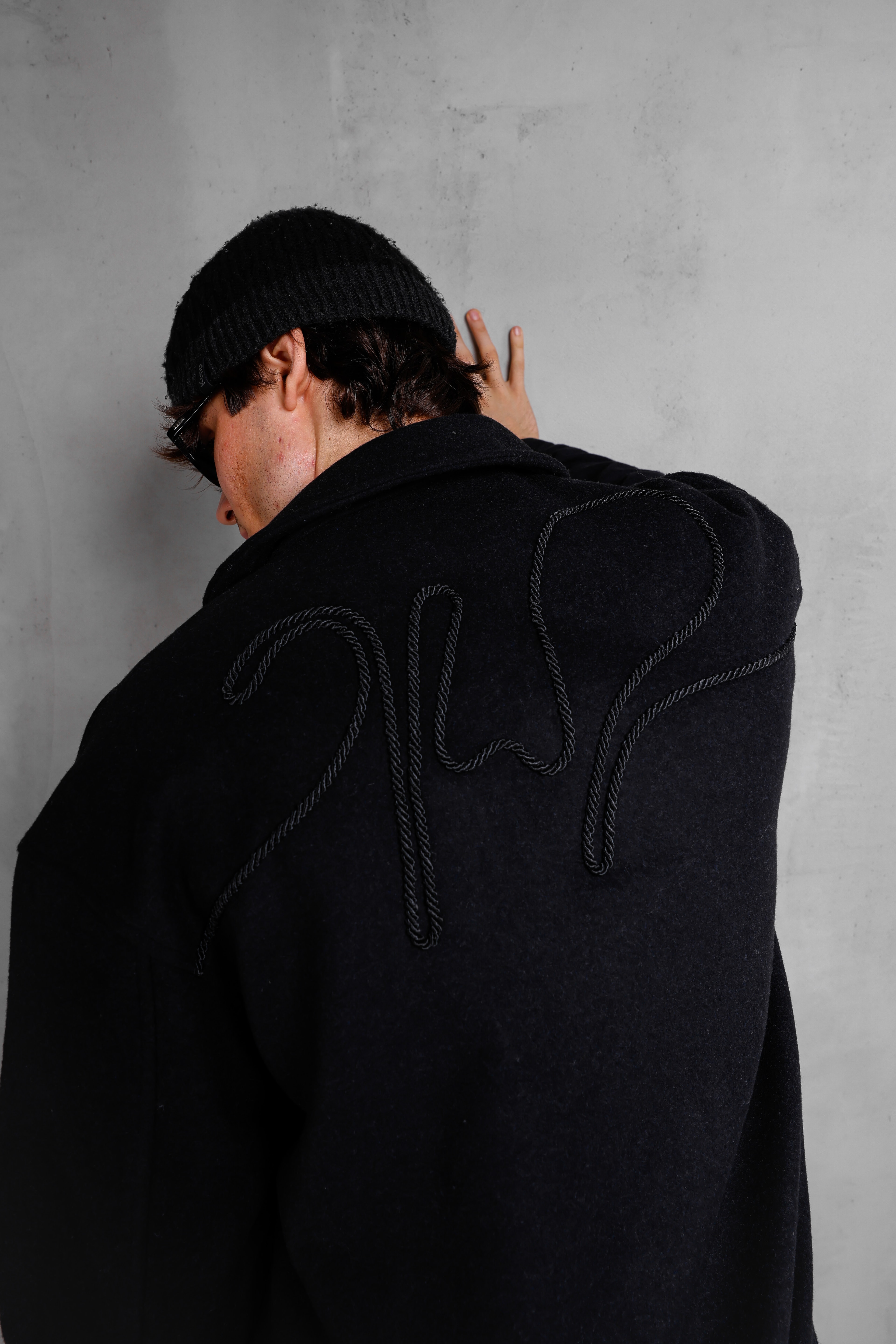 SIRT NAKIŞLI KAŞE BOMBER CEKET - Black