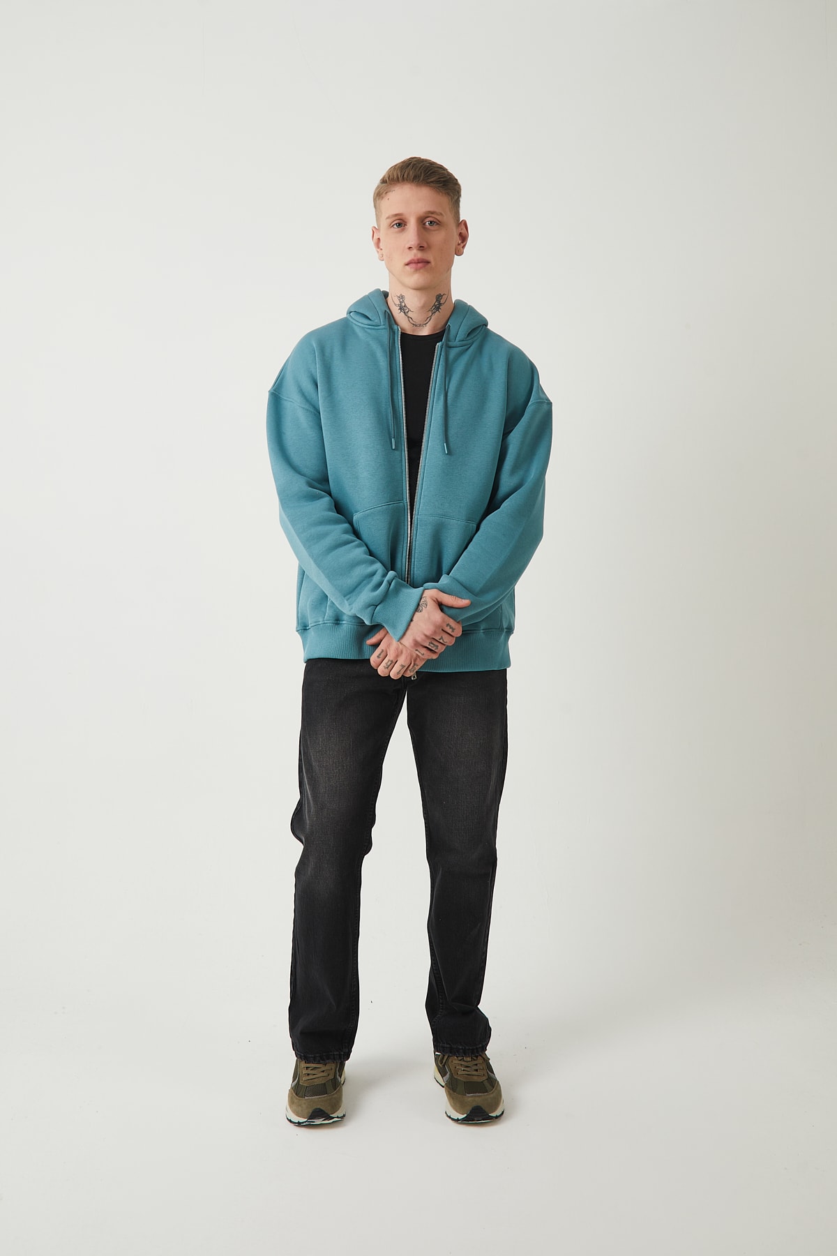 FERMUARLI KAPÜŞONLU SWEATSHIRT - SOLUK MAVI