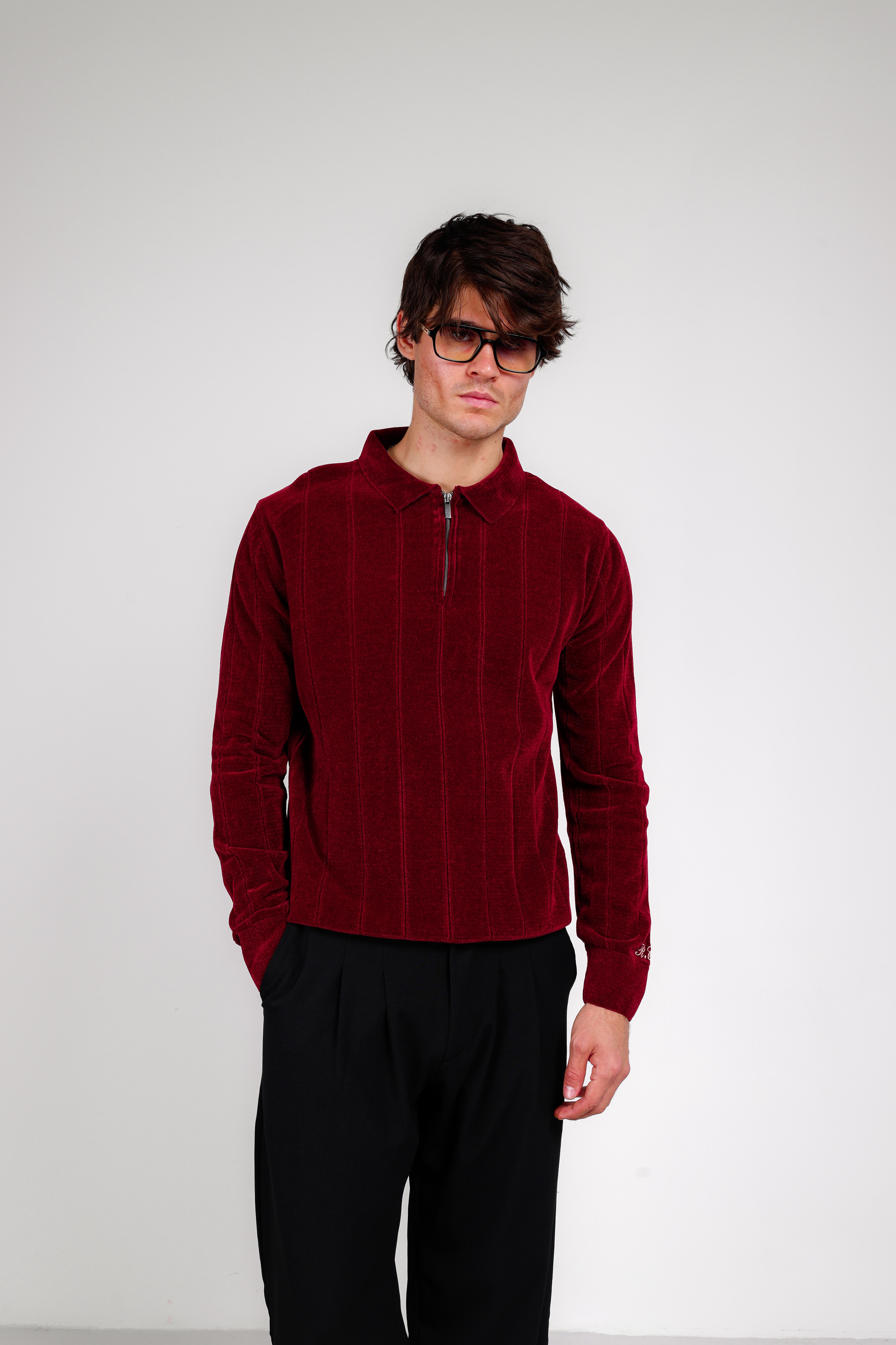 ŞÖNİL POLO YAKA NAKIŞLI KAZAK - BORDO