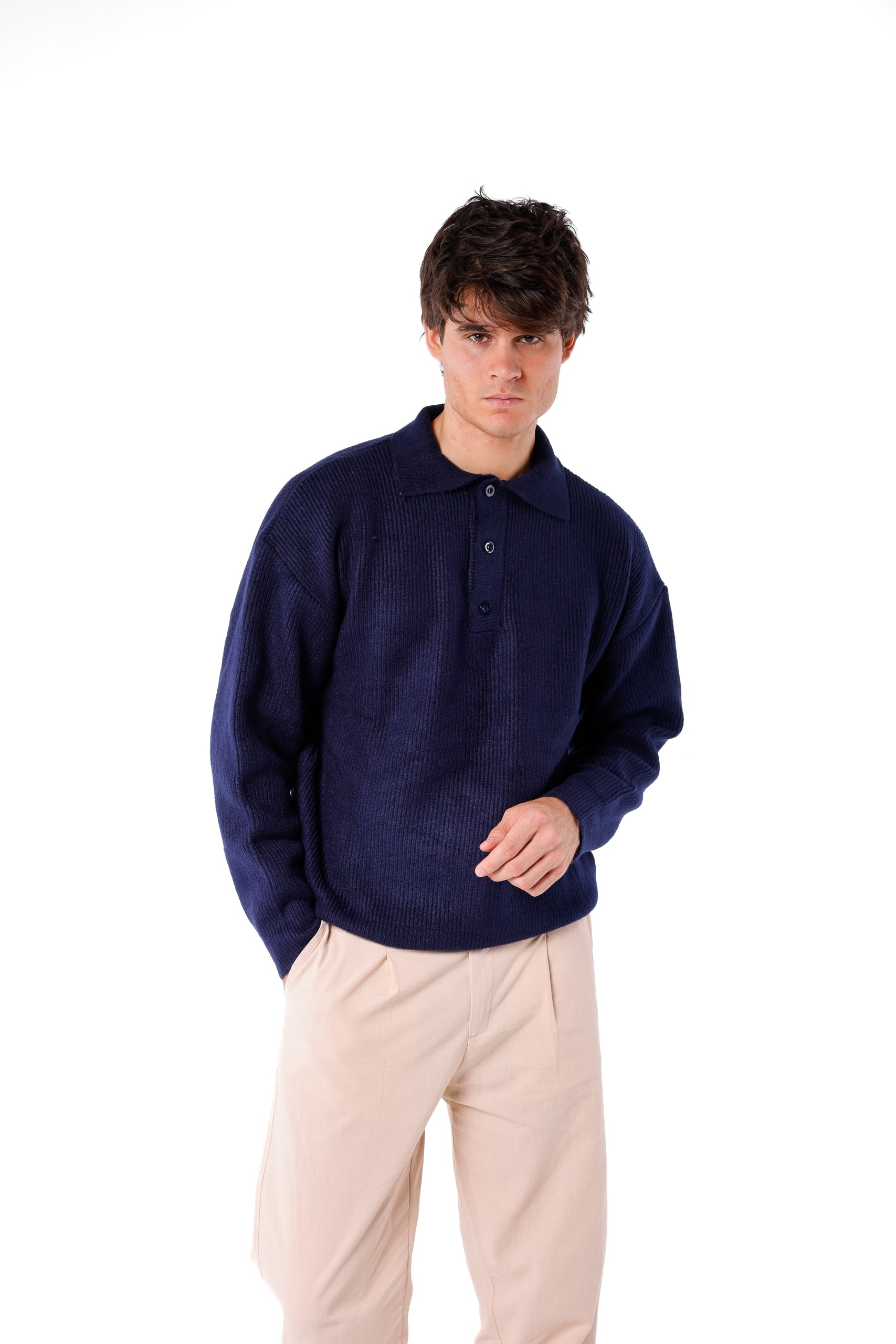 YAKA DÜĞMELİ TRİKO KAZAK - Navy Blue