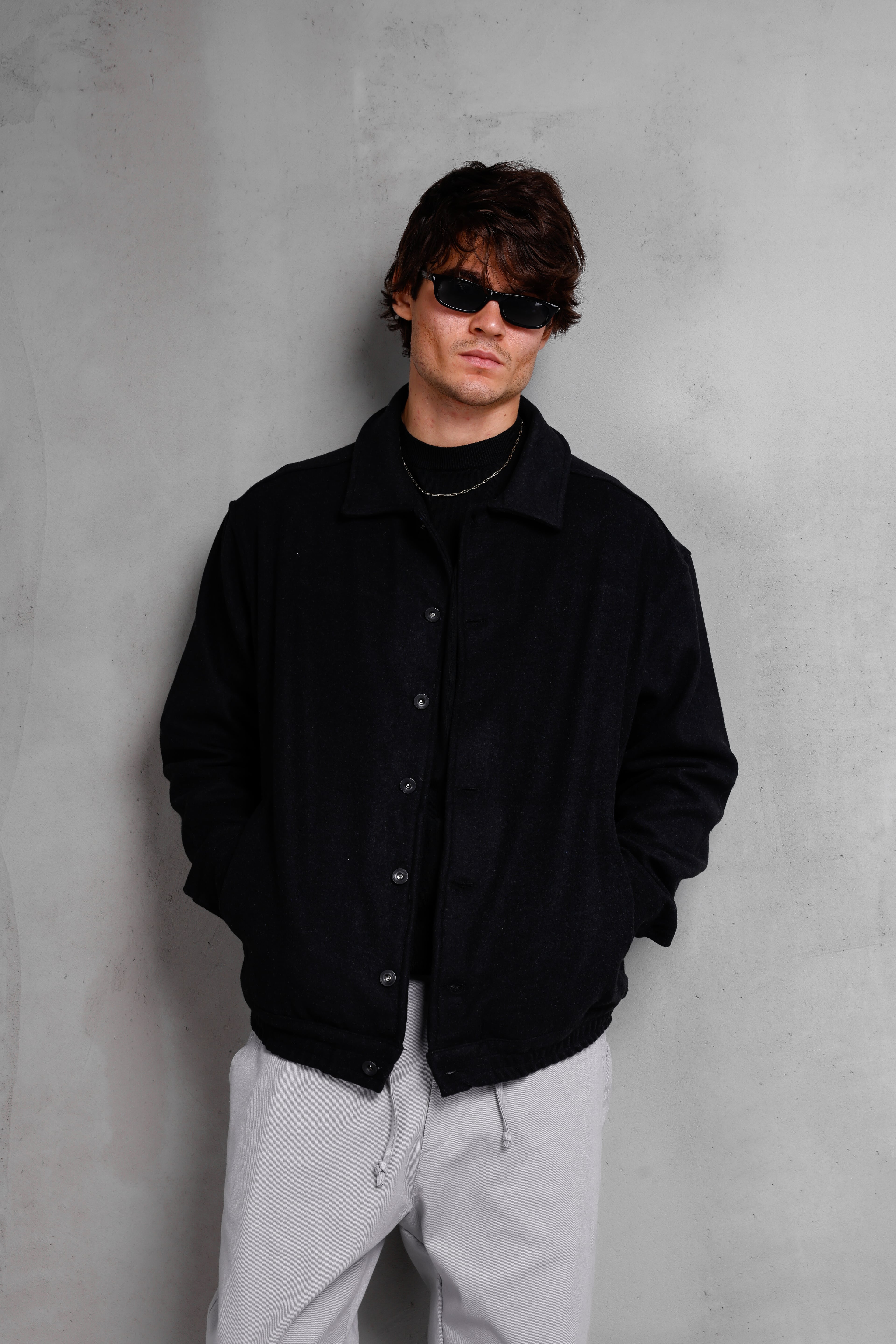 SIRT NAKIŞLI KAŞE BOMBER CEKET - Black