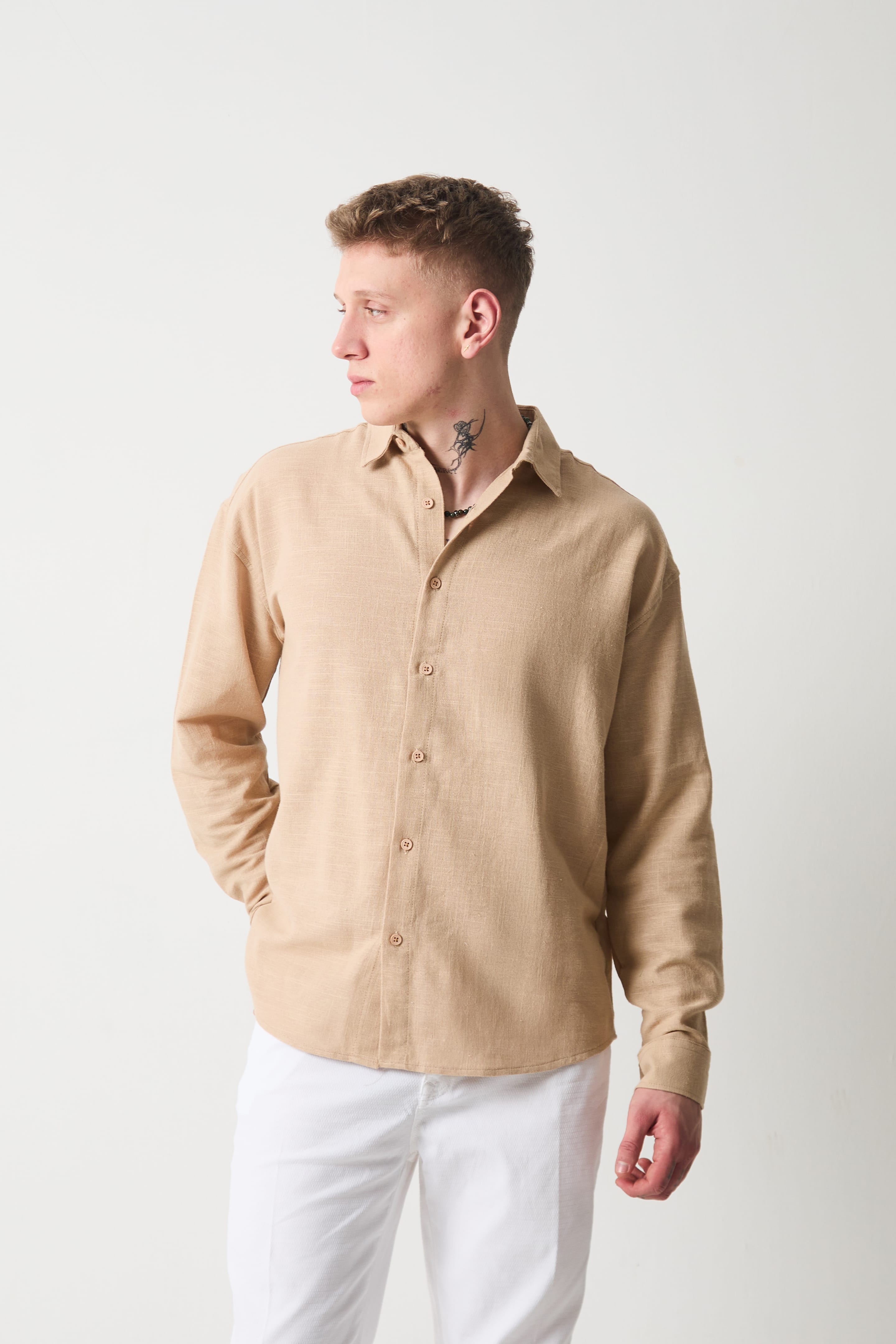 FLAMLI KETEN GÖMLEK - Beige