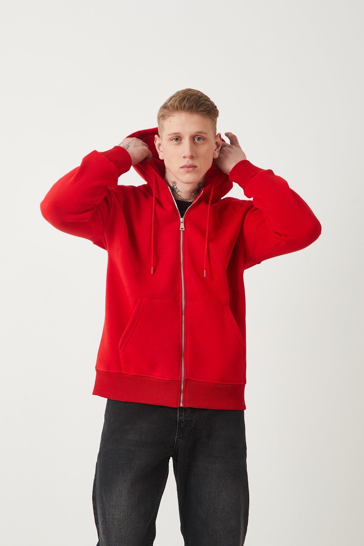 FERMUARLI KAPÜŞONLU SWEATSHIRT - KIRMIZI