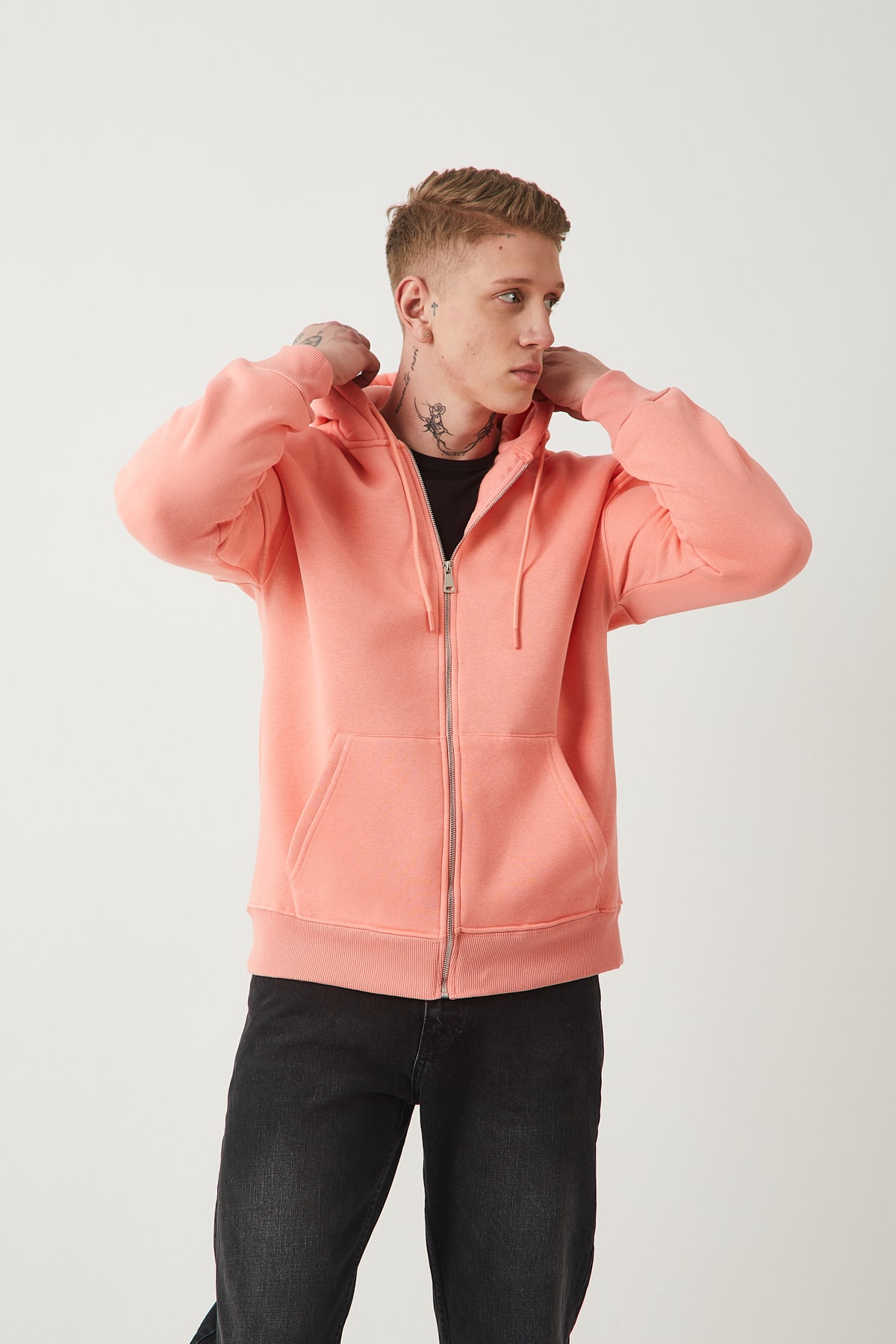 FERMUARLI KAPÜŞONLU SWEATSHIRT - PUDRA