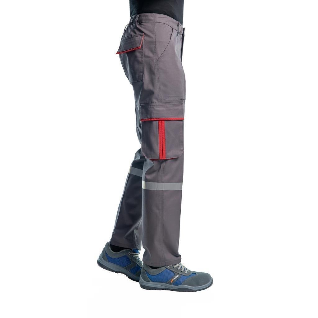 Reflektörlü İş Pantolonu, Gri-Kırmızı, Komando Cepli 16x12 Gabardin