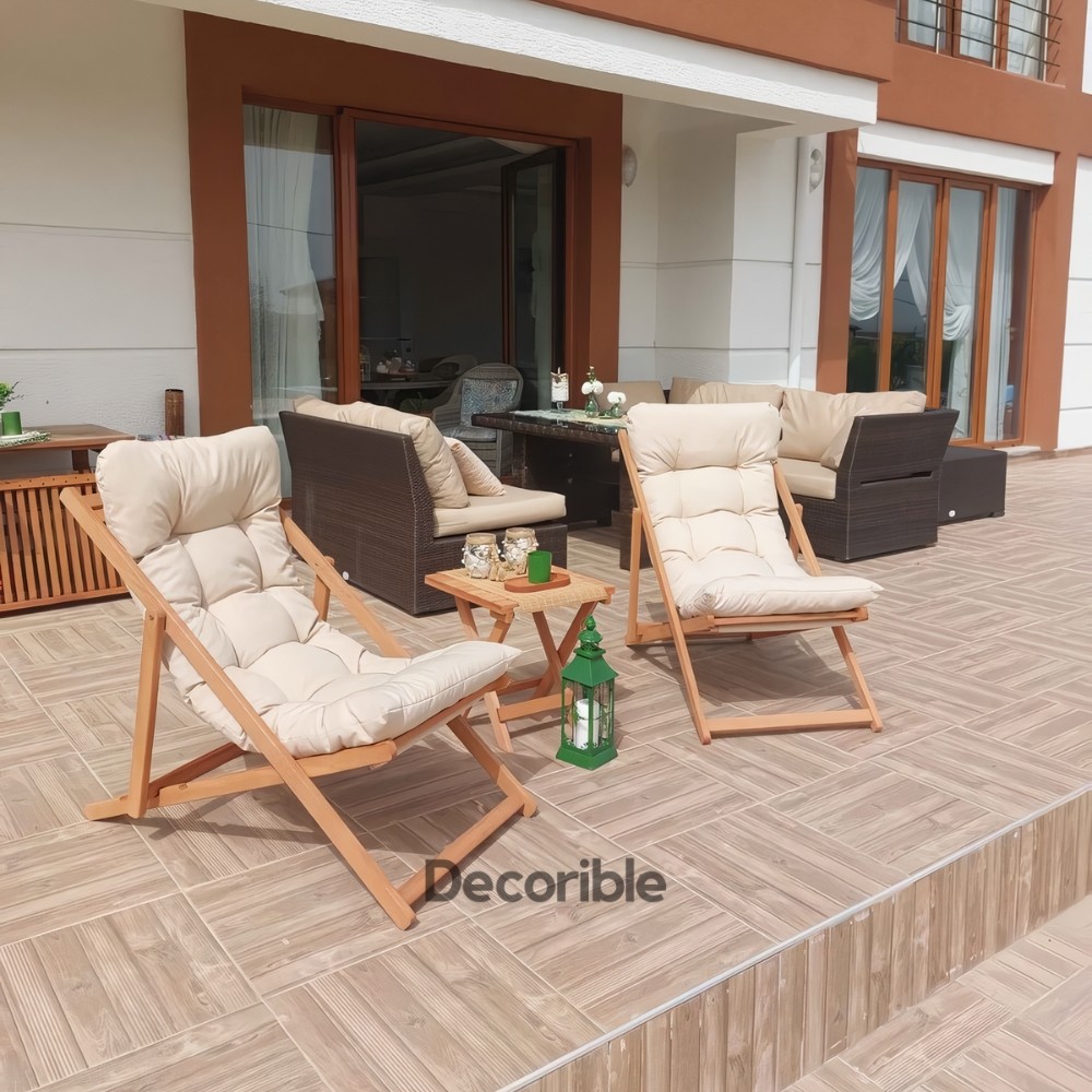Tranqil Ahşap Şezlong Sandalye Seti Balkon Bahçe Takımı