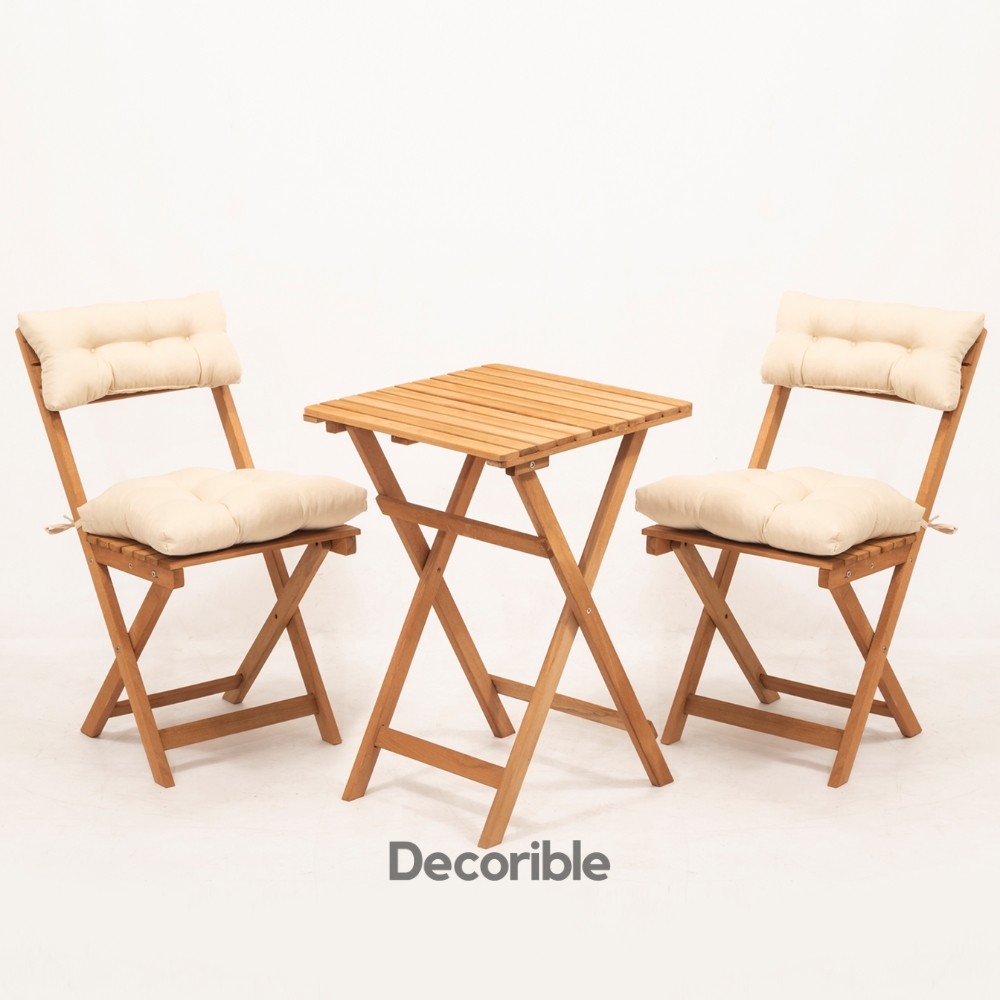 Foldi Ahşap Katlanır Masa Sandalye Takımı Balkon Bahçe ve Mağaza Önü Bistro Set 1+1+S - Minderli