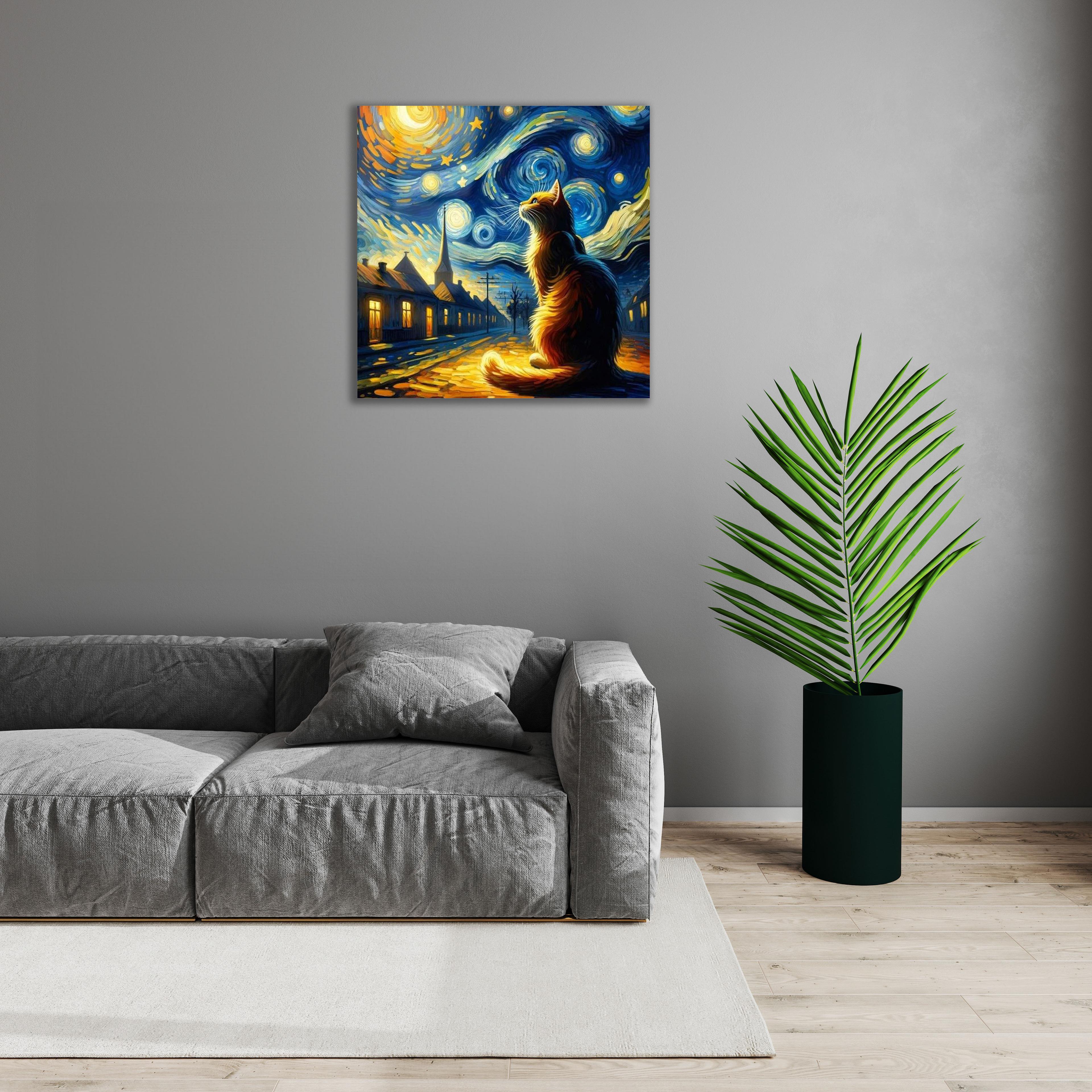 Van Gogh Yıldızlı Gecede Dolaşan Kedi Cam Tablo