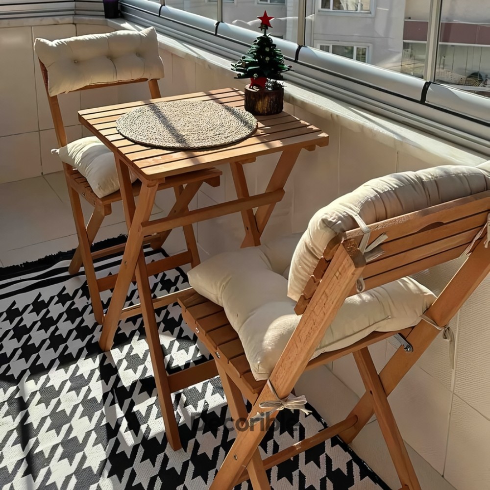 Foldi Ahşap Katlanır Masa Sandalye Takımı Balkon Bahçe ve Mağaza Önü Bistro Set 1+1+S - Minderli