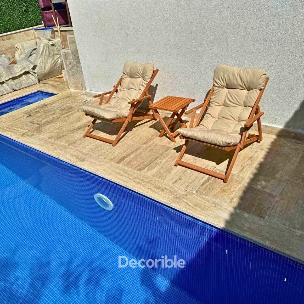 Layvia Kollu Ahşap Şezlong Sandalye Seti Balkon Bahçe Takımı