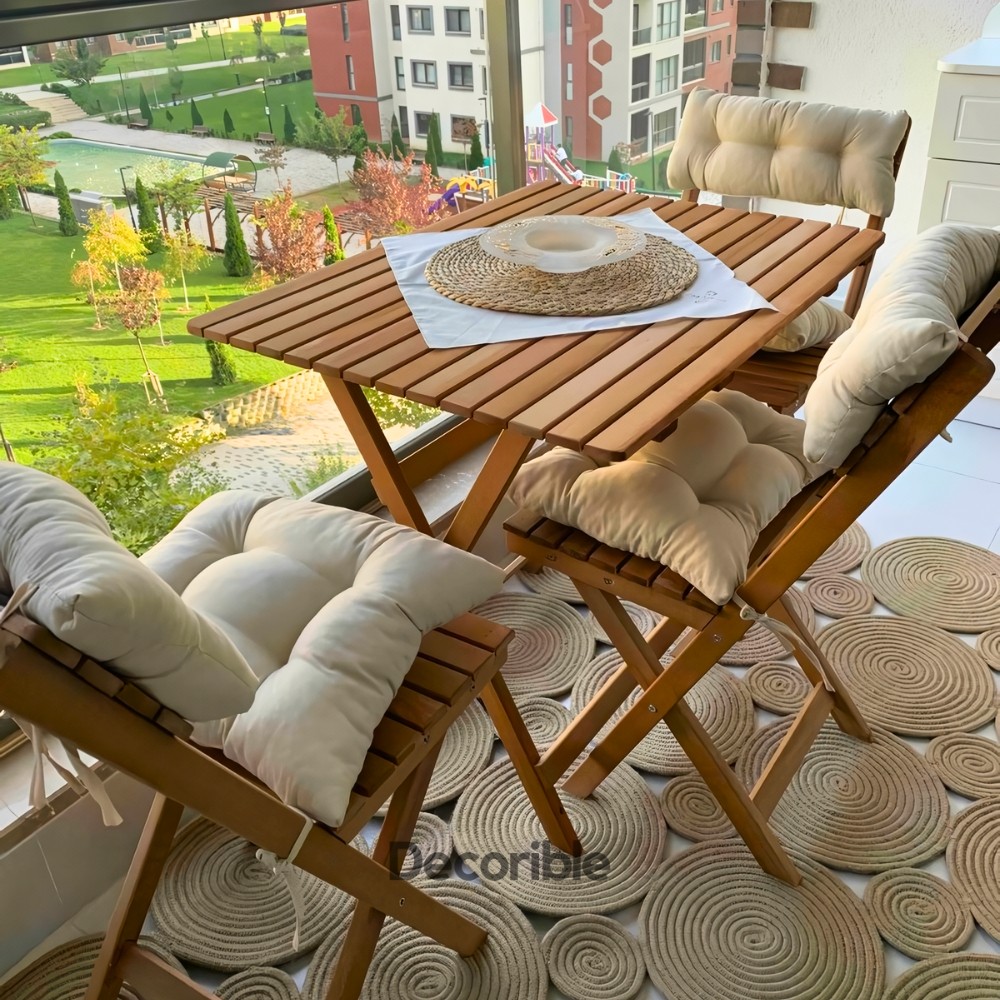 Foldi Katlanır Masa Sandalye Takımı Ahşap Balkon Bahçe Yemek Takımı 4+1