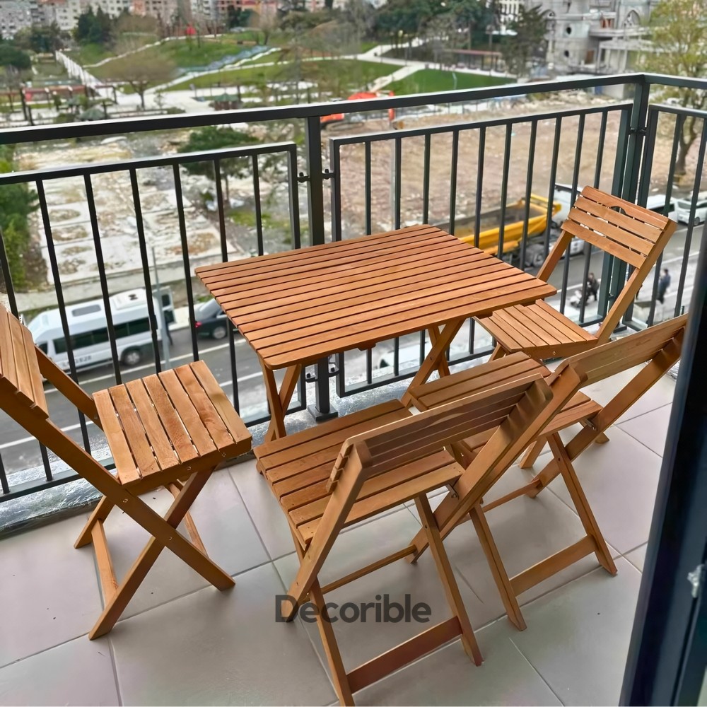 Foldi Katlanır Masa Sandalye Takımı Ahşap Balkon Bahçe Yemek Takımı 4+1