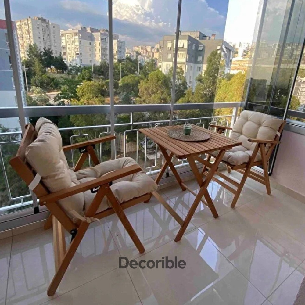 Flexdura 2+1 Katlanır Masa Sandalye Takımı Ahşap Balkon Bahçe Mobilyası