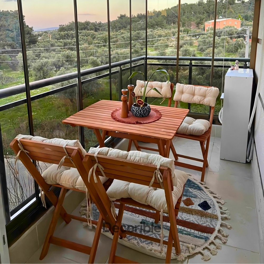 Foldi Katlanır Masa Sandalye Takımı Ahşap Balkon Bahçe Yemek Takımı 4+1
