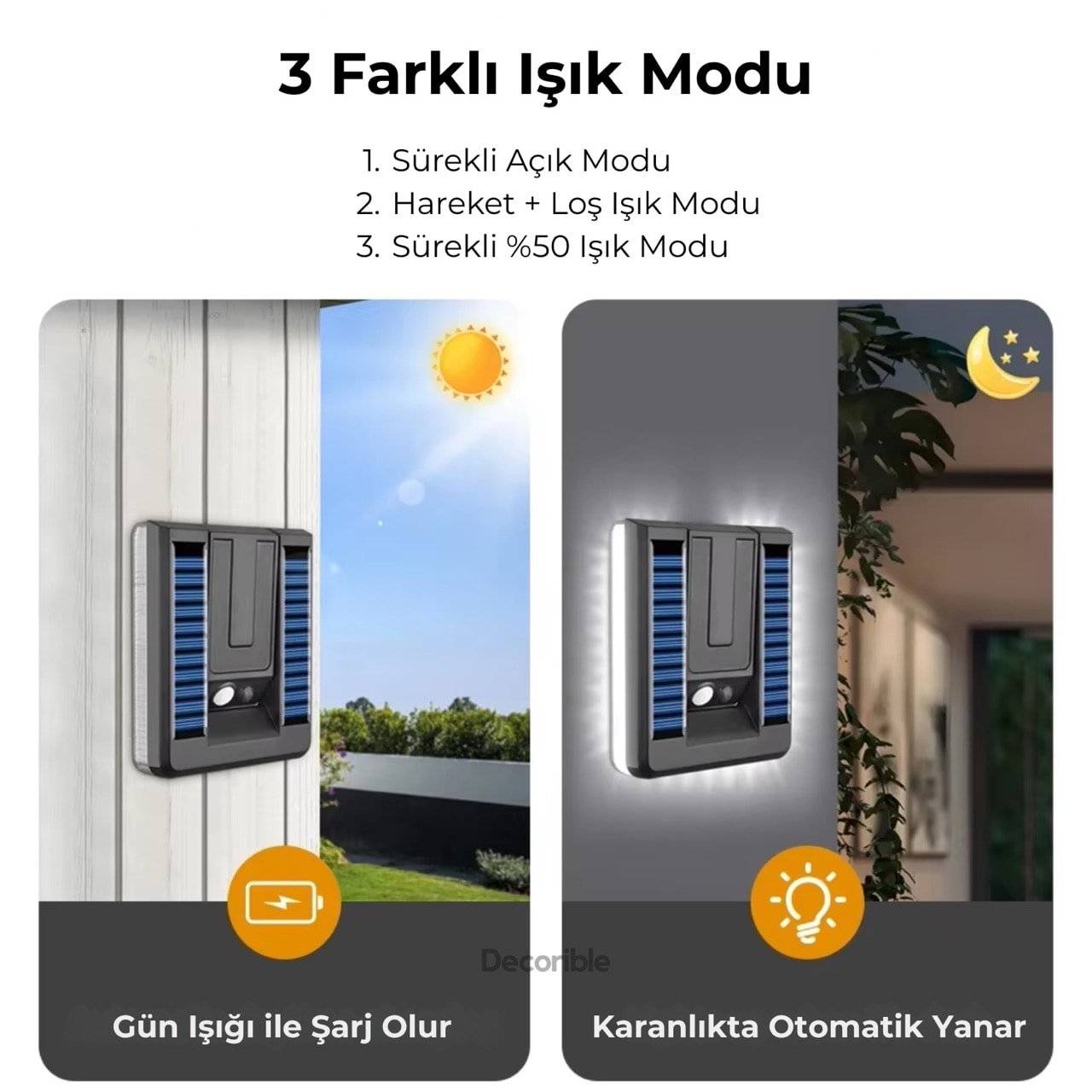 Bendi Solar Aplik Sensörlü Dekoratif Güneş Enerjili Bahçe Duvar Aydınlatması Beyaz Işık 