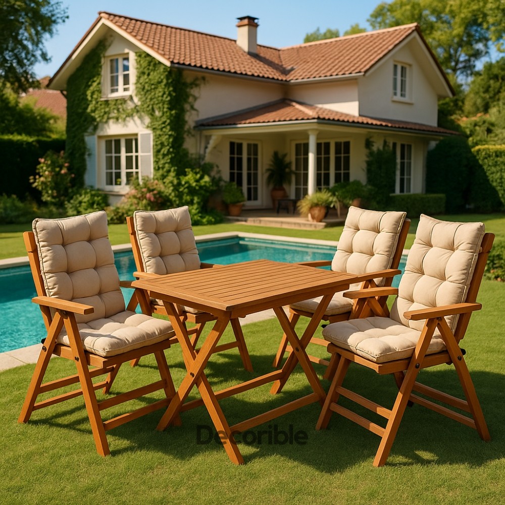 Flexdura 4+1 Ahşap Katlanır Masa Sandalye Takımı Balkon Bahçe Mobilyası