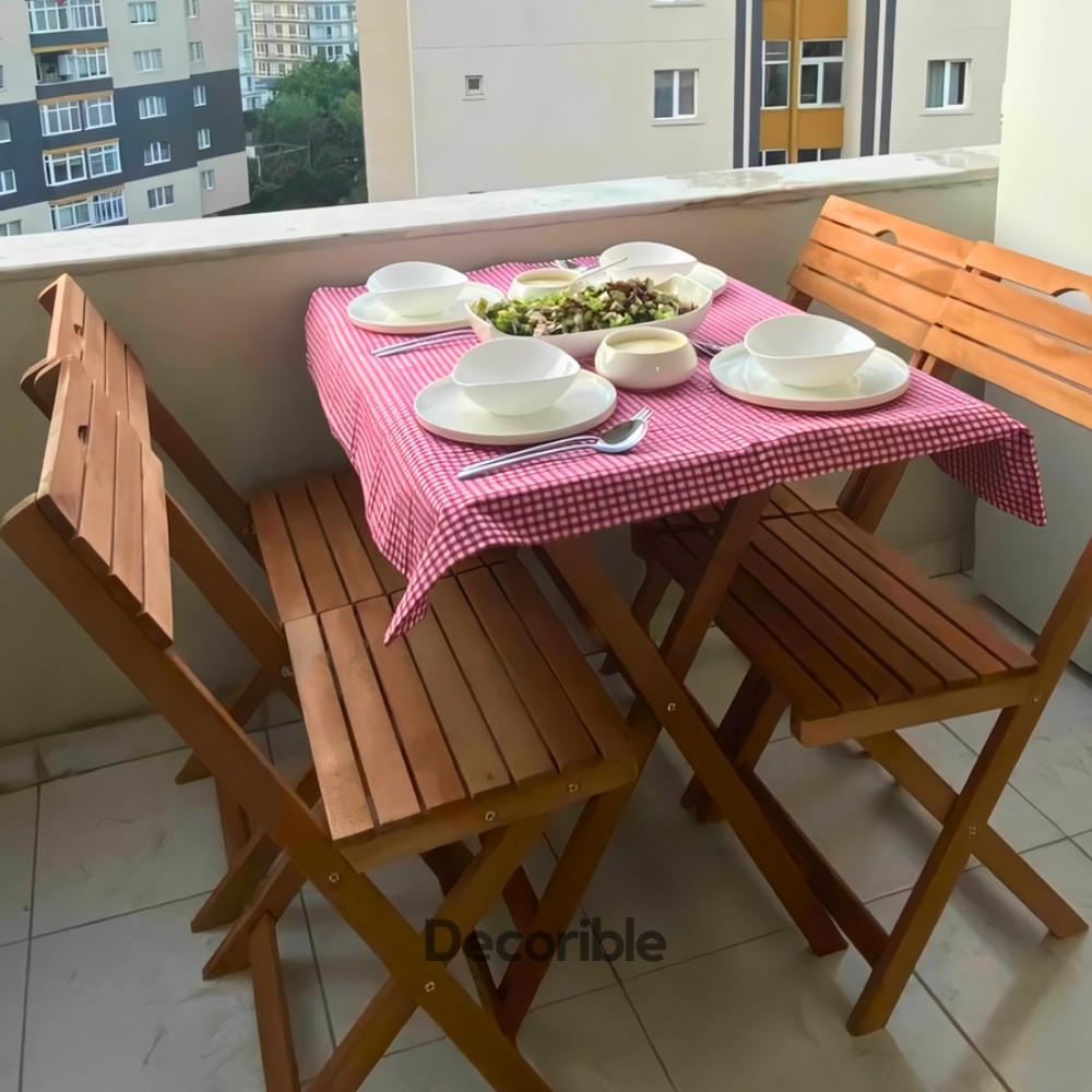 Foldi Katlanır Masa Sandalye Takımı Ahşap Balkon Bahçe Yemek Takımı 4+1