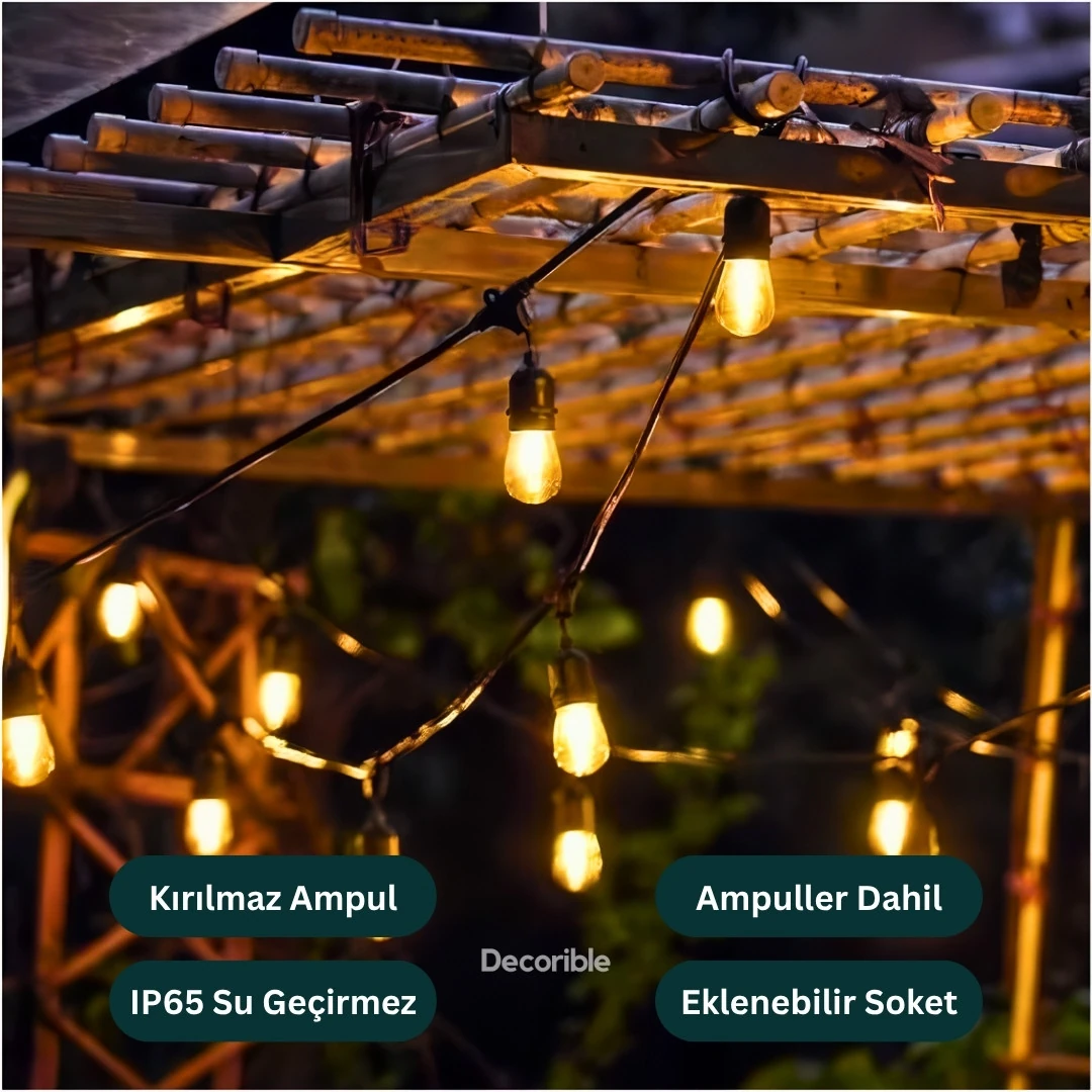 Rustika Kırılmaz Ampul Dış Mekan Bahçe Aydınlatması Su Geçirmez 10 Metre 10 Duylu