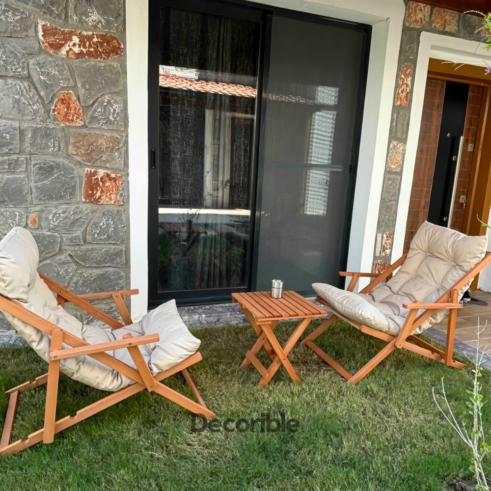 Layvia Kollu Ahşap Şezlong Sandalye Seti Balkon Bahçe Takımı