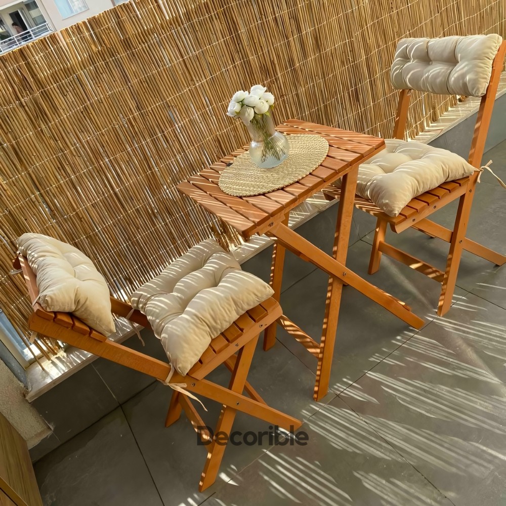 Foldi Ahşap Katlanır Masa Sandalye Takımı Balkon Bahçe ve Mağaza Önü Bistro Set 1+1+S - Minderli