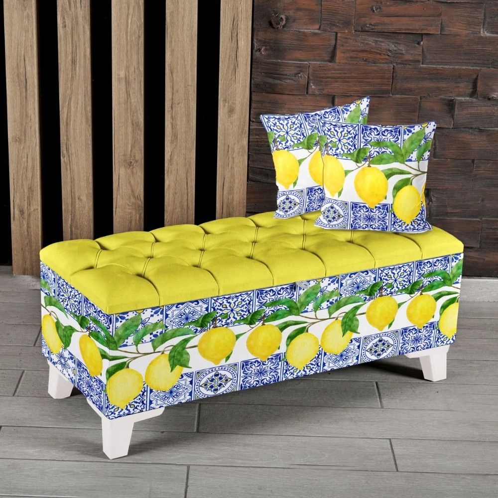 Çinili Limon Desenli Sandıklı Puf +2 Kırlent Hediye - Sarı
