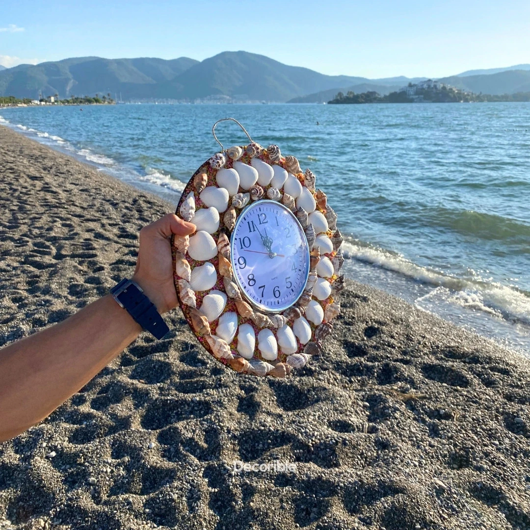 Renkli Deniz Kabuklu Dekoratif Duvar Saati El Yapımı