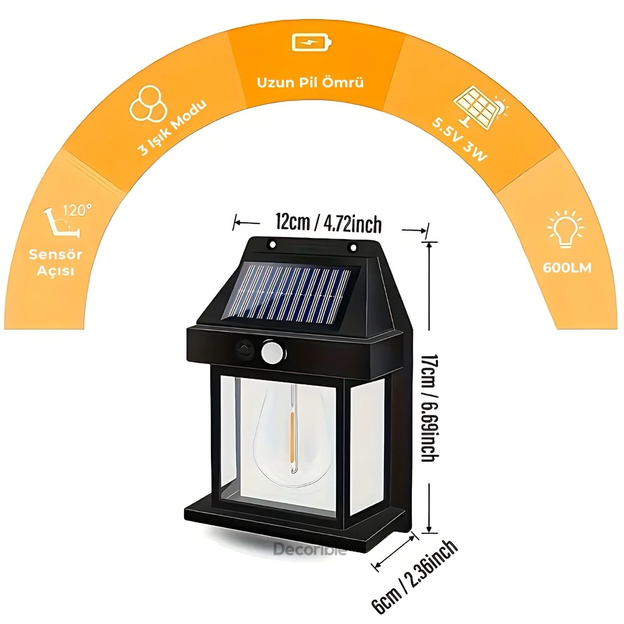 Rustika Solar Lamba Aplik Sensörlü Güneş Enerjili Bahçe Duvar Aydınlatma Rustik Ampul