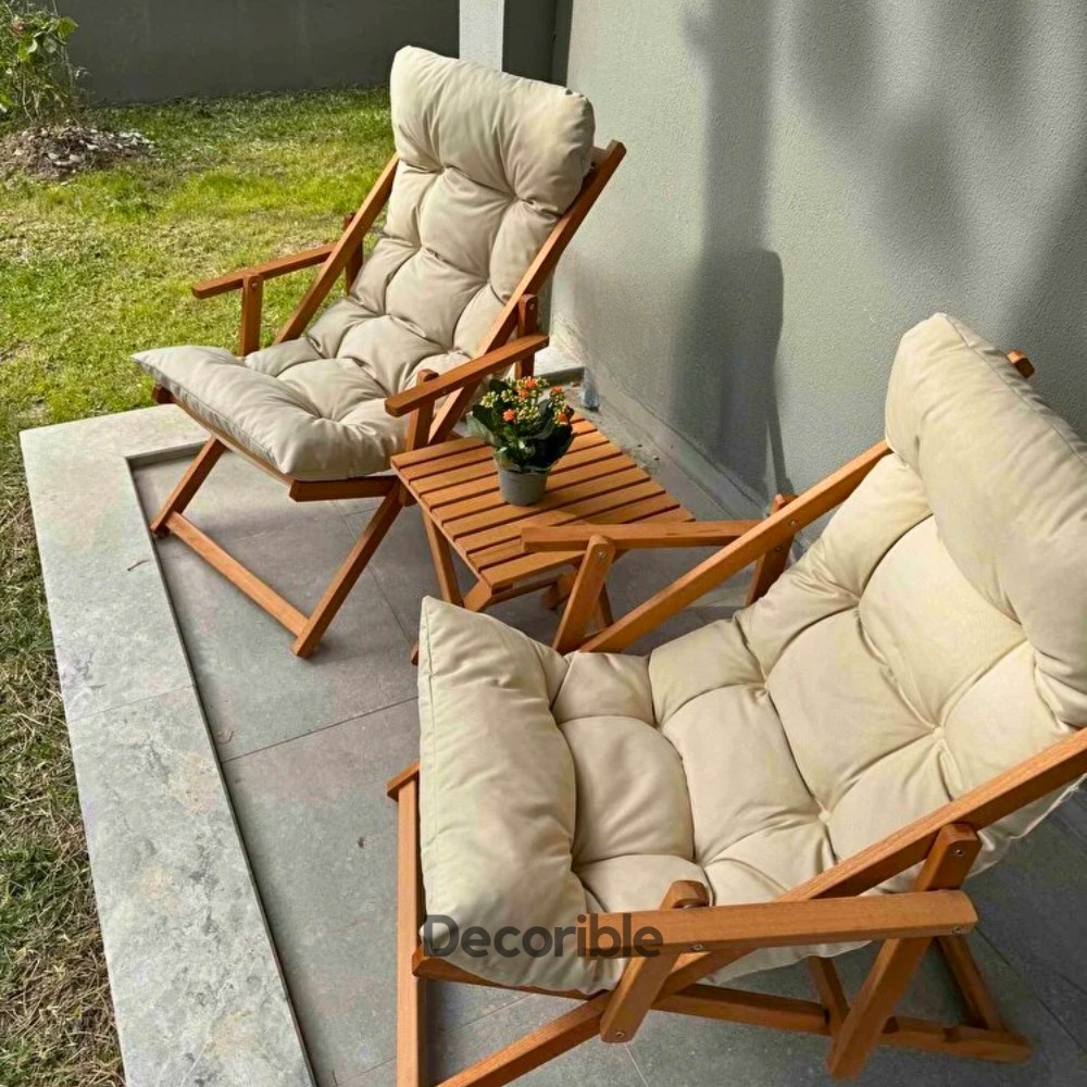 Layvia Kollu Ahşap Şezlong Sandalye Seti Balkon Bahçe Takımı