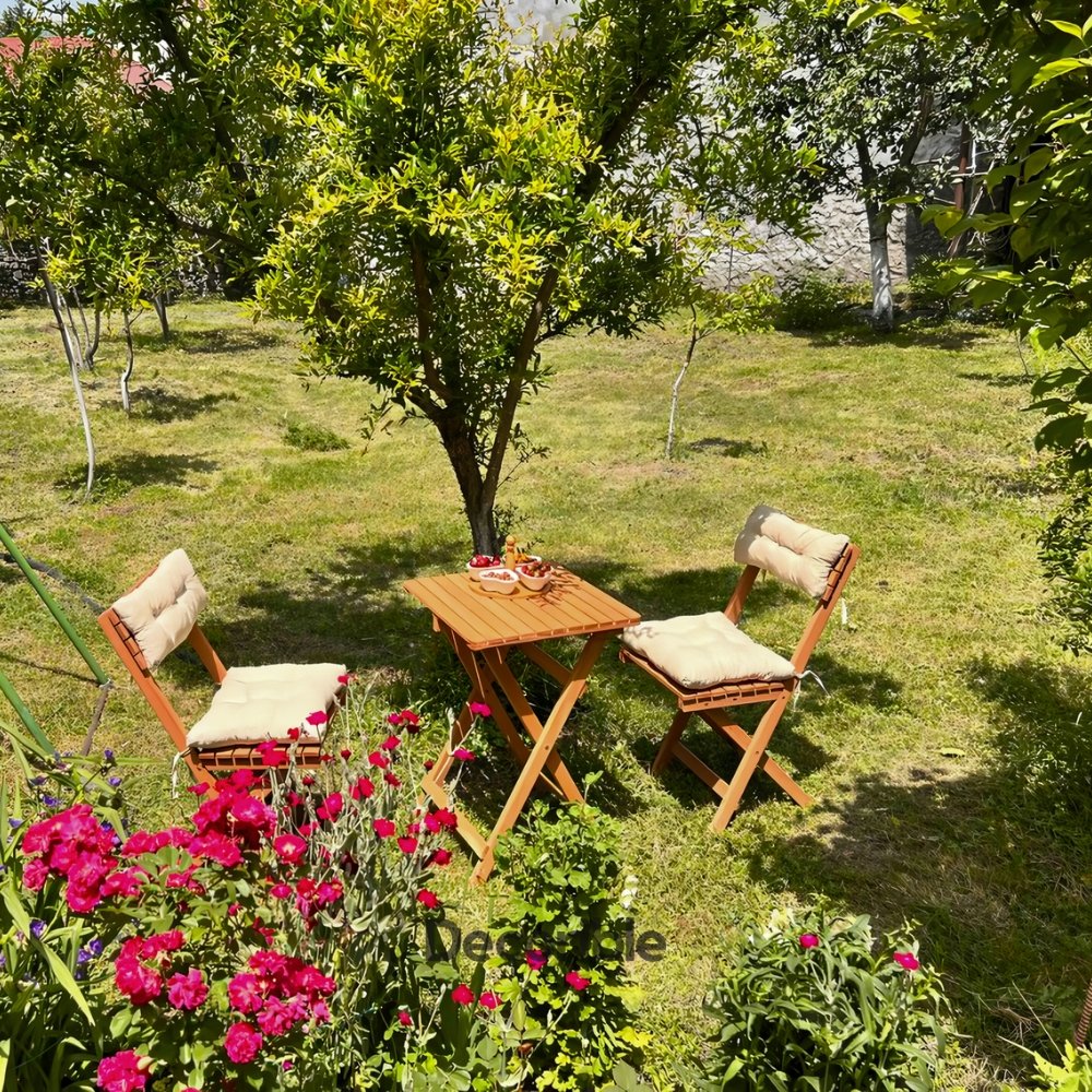 Foldi Ahşap Katlanır Masa Sandalye Takımı Balkon Bahçe ve Mağaza Önü Bistro Set 1+1+S - Minderli