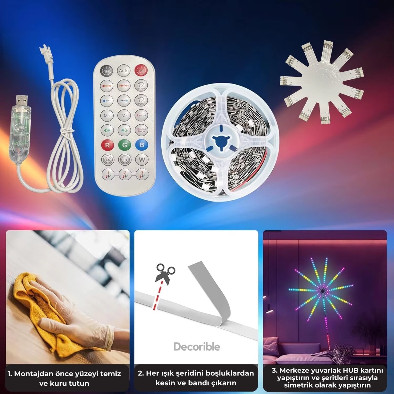 Hawaii RGB LED Şerit Kumandalı USB Bluetooth Telefon Kontrollü Ses Etkileşimli Dekoratif Aydınlatma