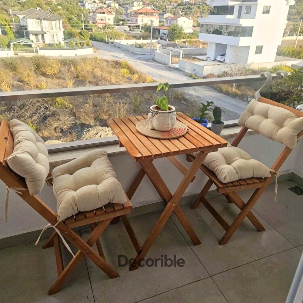 Foldi Ahşap Katlanır Masa Sandalye Takımı Balkon Bahçe ve Mağaza Önü Bistro Set 1+1+S - Minderli