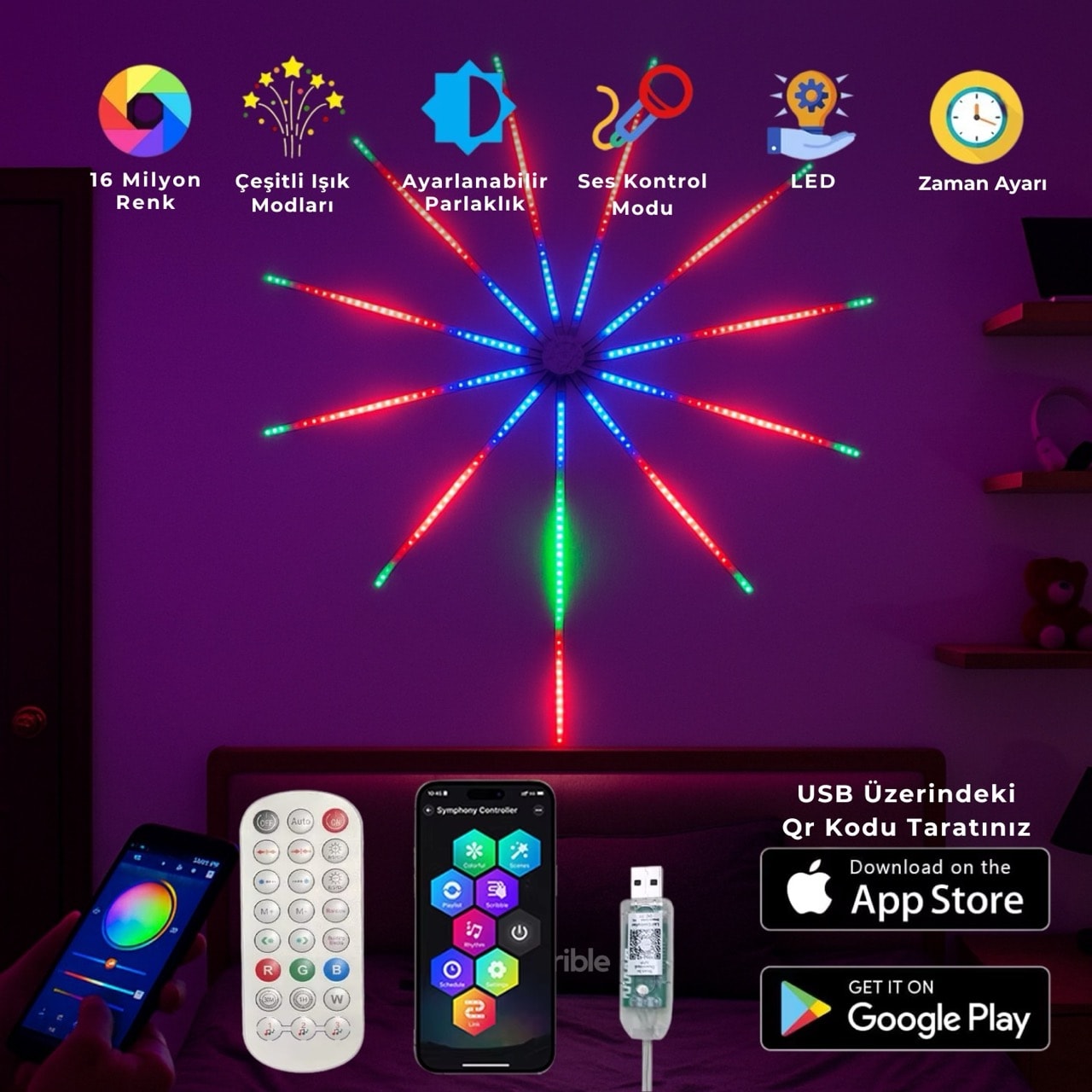 Hawaii RGB LED Şerit Kumandalı USB Bluetooth Telefon Kontrollü Ses Etkileşimli Dekoratif Aydınlatma