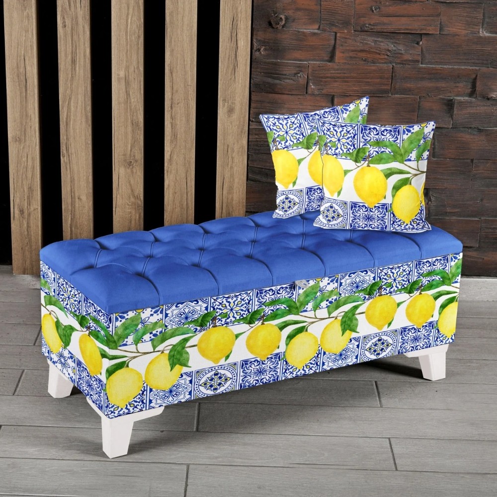 Çinili Limon Desenli Sandıklı Puf +2 Kırlent Hediye - Mavi