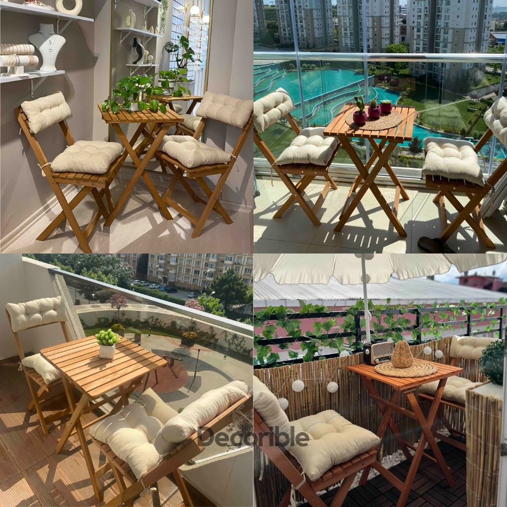 Foldi Ahşap Katlanır Masa Sandalye Takımı Balkon Bahçe ve Mağaza Önü Bistro Set 1+1+S - Minderli