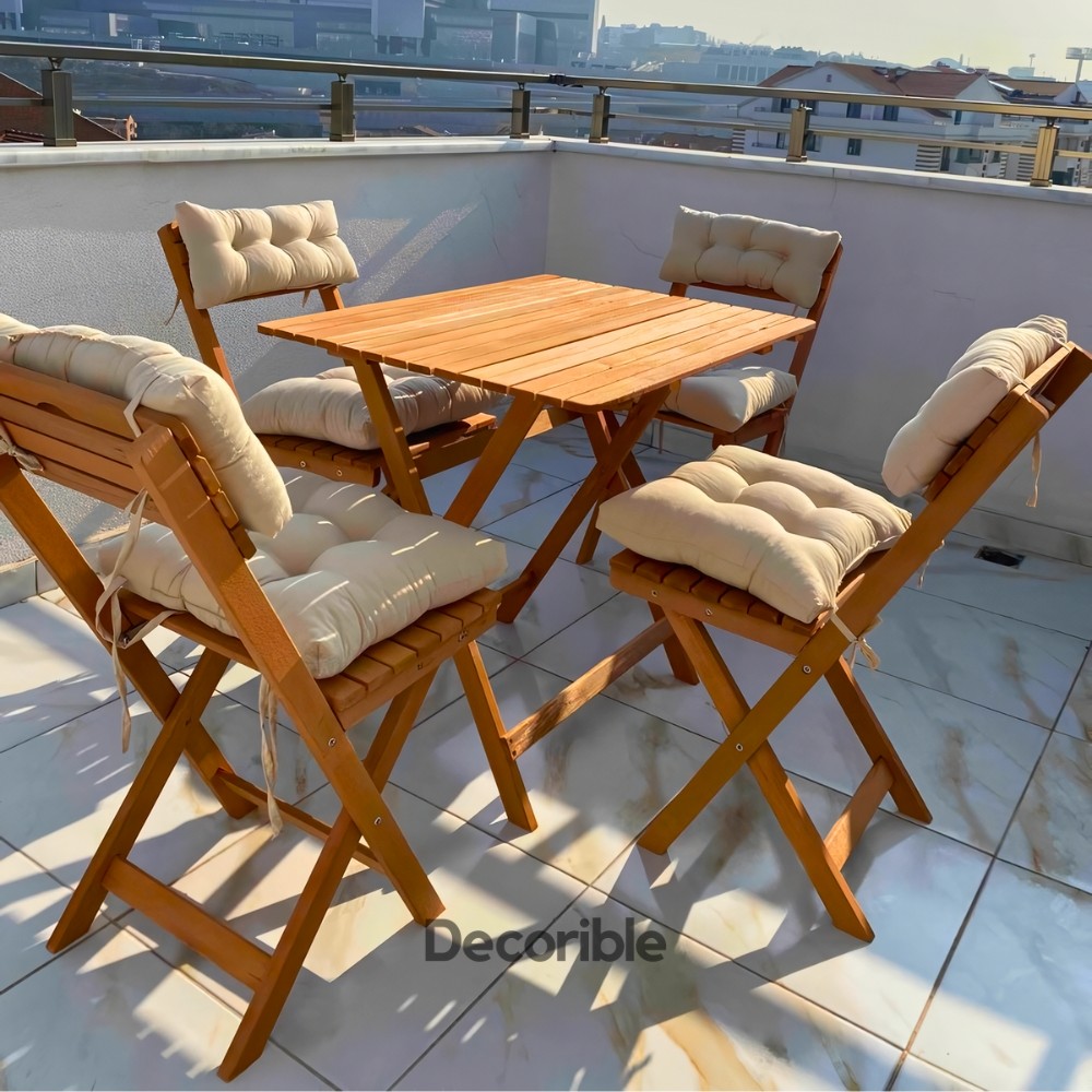 Foldi Katlanır Masa Sandalye Takımı Ahşap Balkon Bahçe Yemek Takımı 4+1