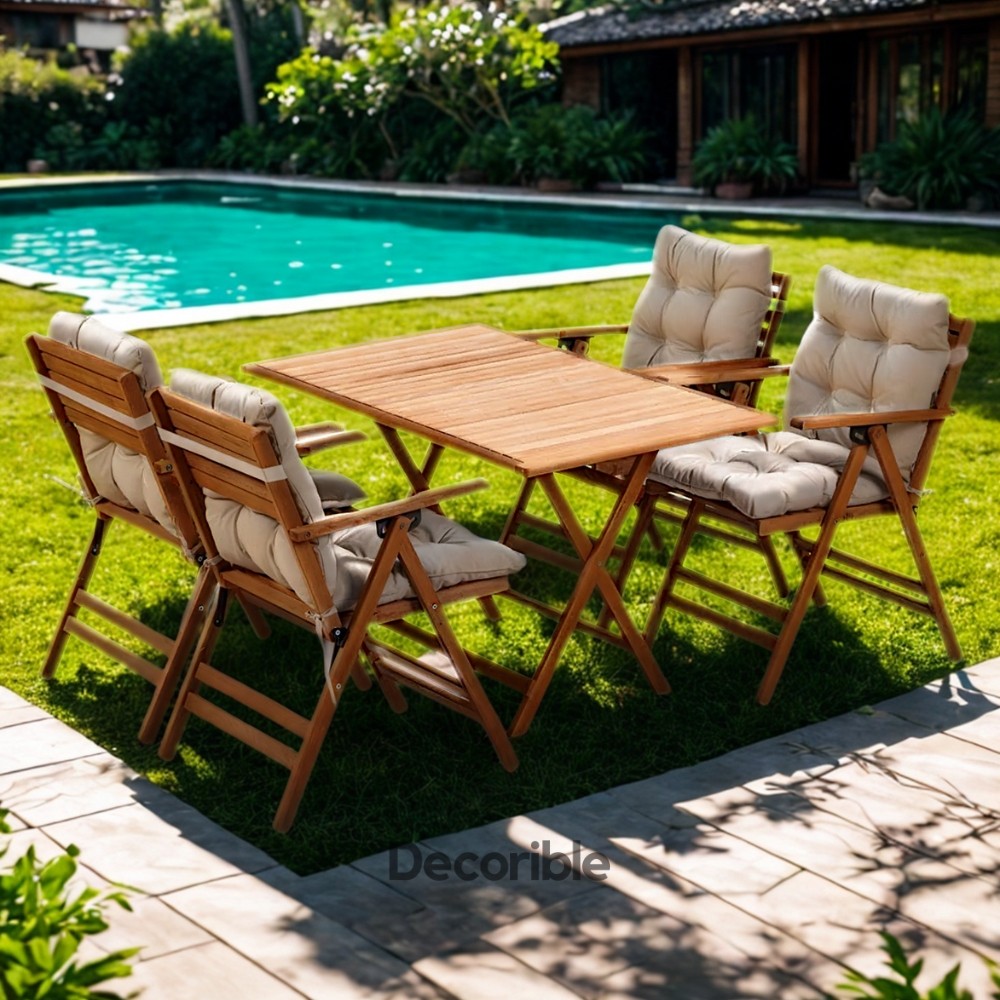 Flexdura 4+1 Ahşap Katlanır Masa Sandalye Takımı Balkon Bahçe Mobilyası