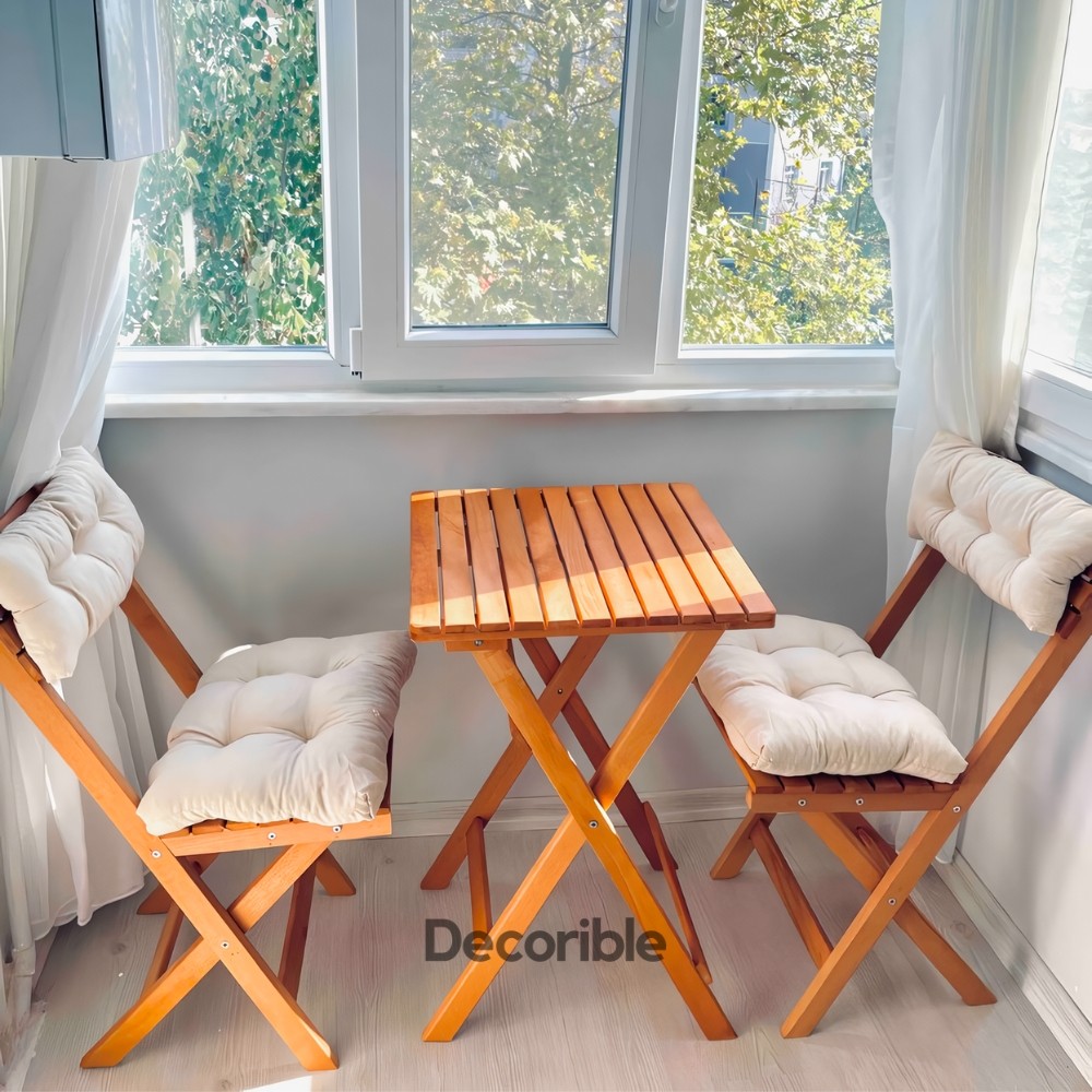 Foldi Ahşap Katlanır Masa Sandalye Takımı Balkon Bahçe ve Mağaza Önü Bistro Set 1+1+S - Minderli