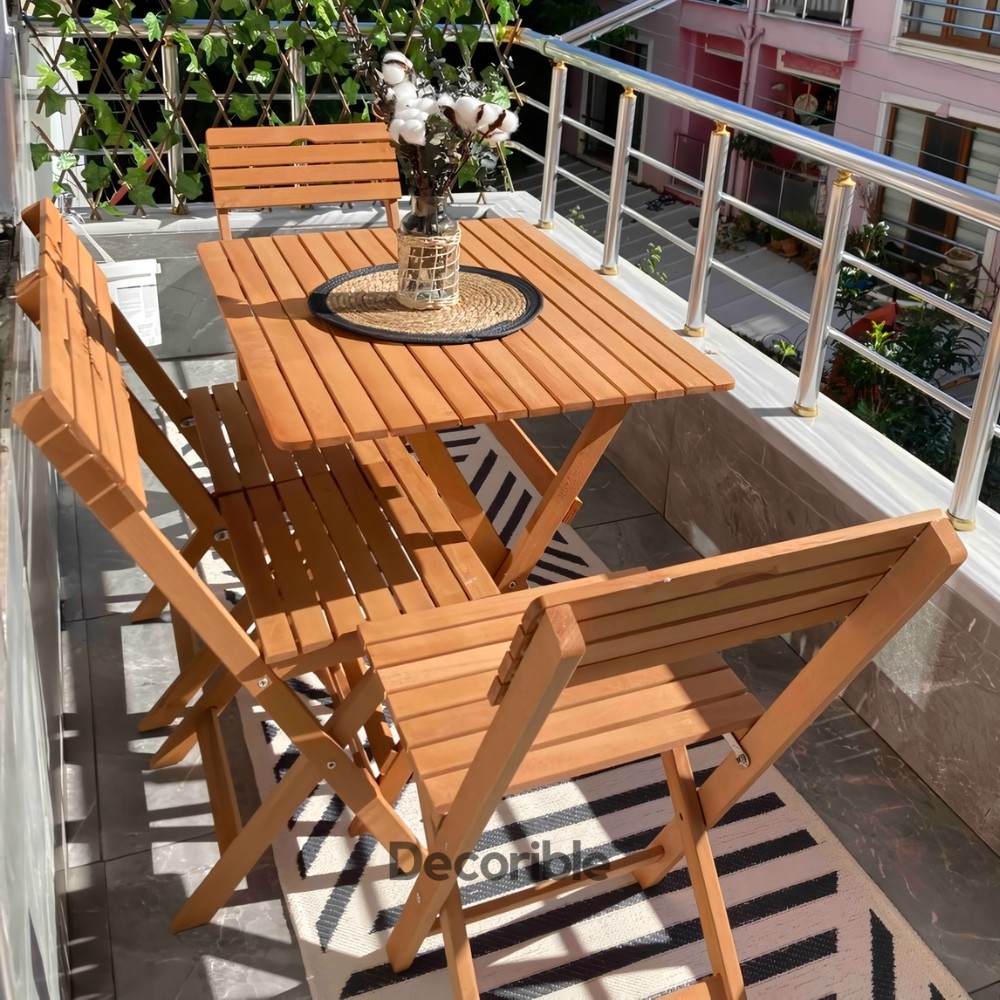 Foldi Katlanır Masa Sandalye Takımı Ahşap Balkon Bahçe Yemek Takımı 4+1