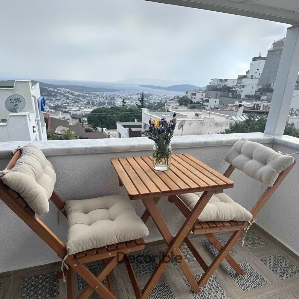 Foldi Ahşap Katlanır Masa Sandalye Takımı Balkon Bahçe ve Mağaza Önü Bistro Set 1+1+S - Minderli