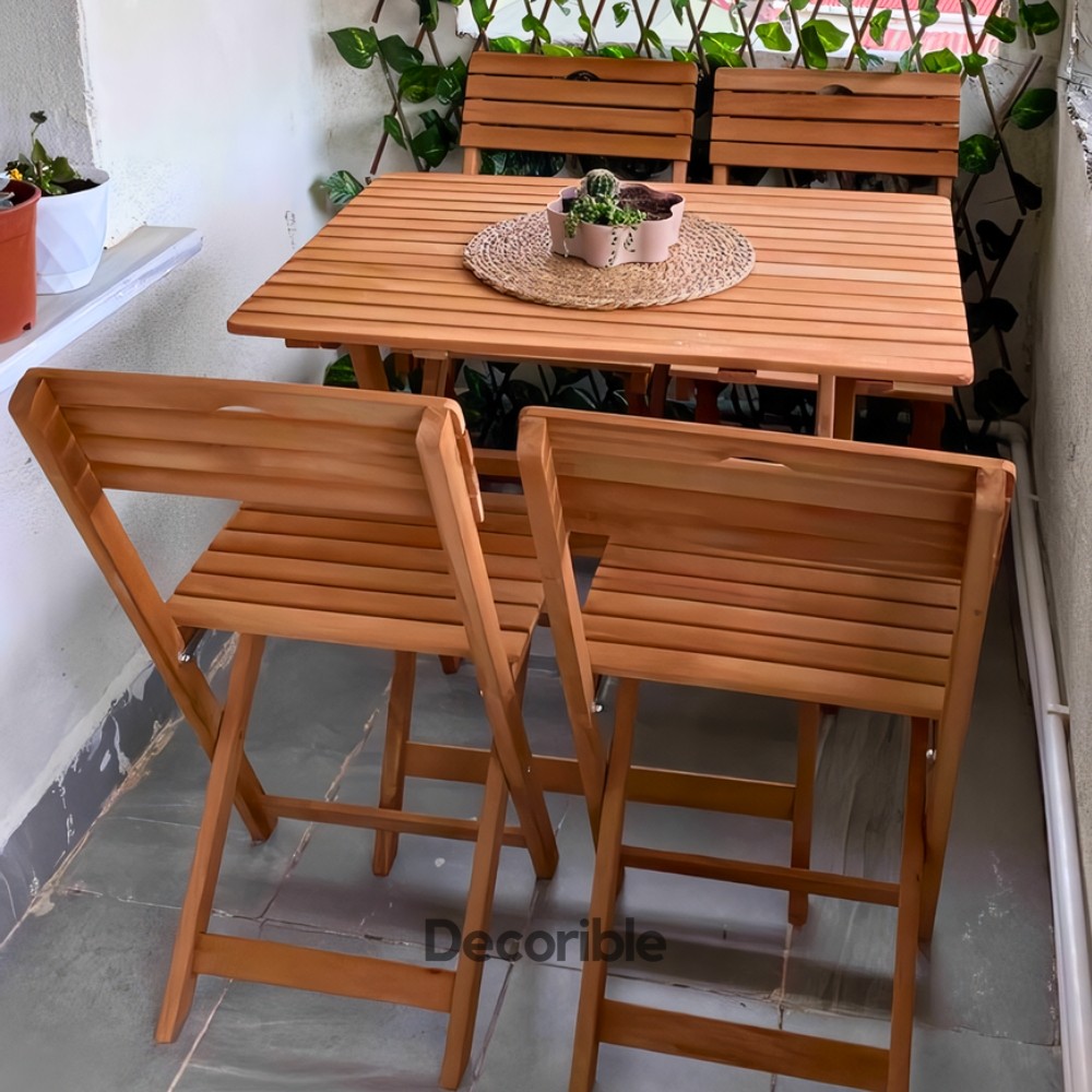 Foldi Katlanır Masa Sandalye Takımı Ahşap Balkon Bahçe Yemek Takımı 4+1