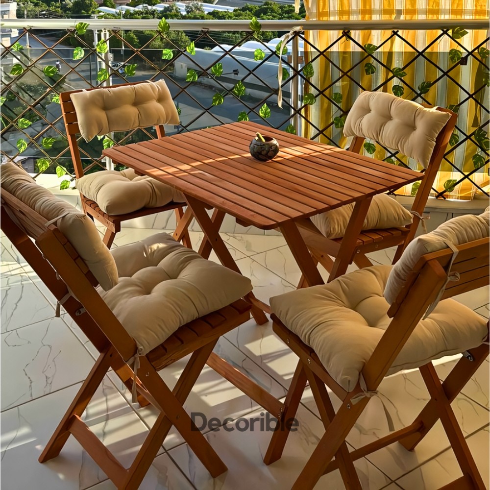 Foldi Katlanır Masa Sandalye Takımı Ahşap Balkon Bahçe Yemek Takımı 4+1
