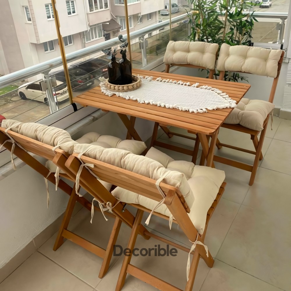 Foldi Katlanır Masa Sandalye Takımı Ahşap Balkon Bahçe Yemek Takımı 4+1