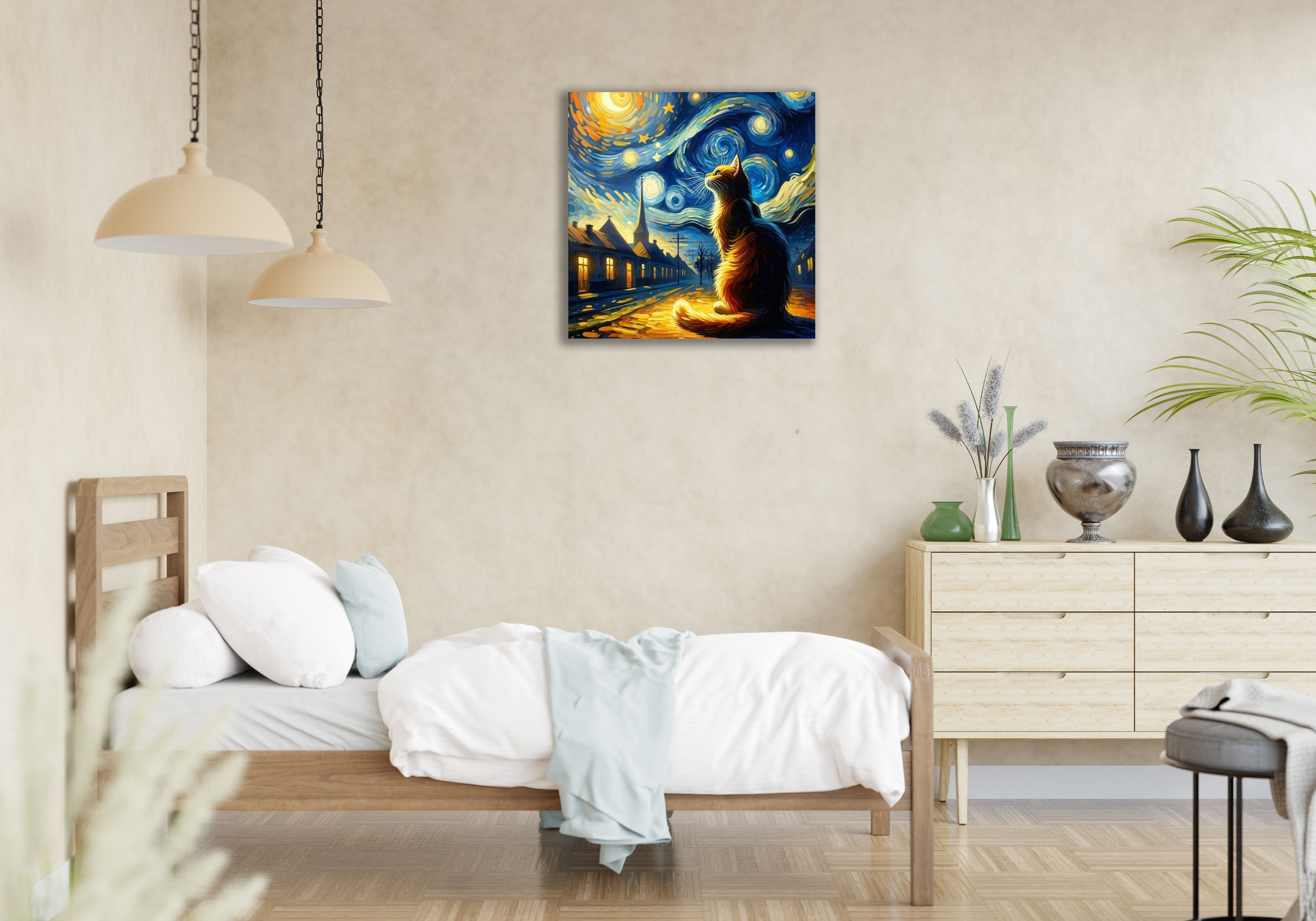 Van Gogh Yıldızlı Gecede Dolaşan Kedi Cam Tablo