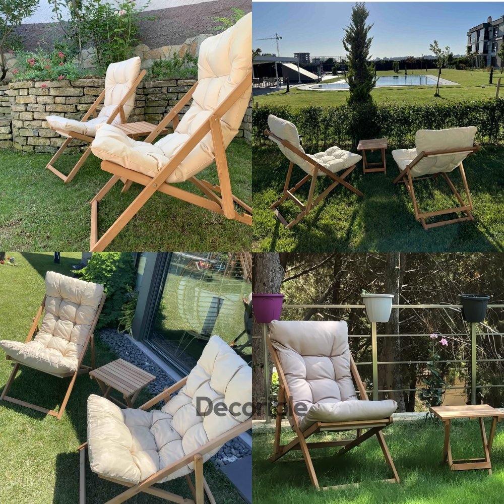 Tranqil Ahşap Şezlong Sandalye Seti Balkon Bahçe Takımı