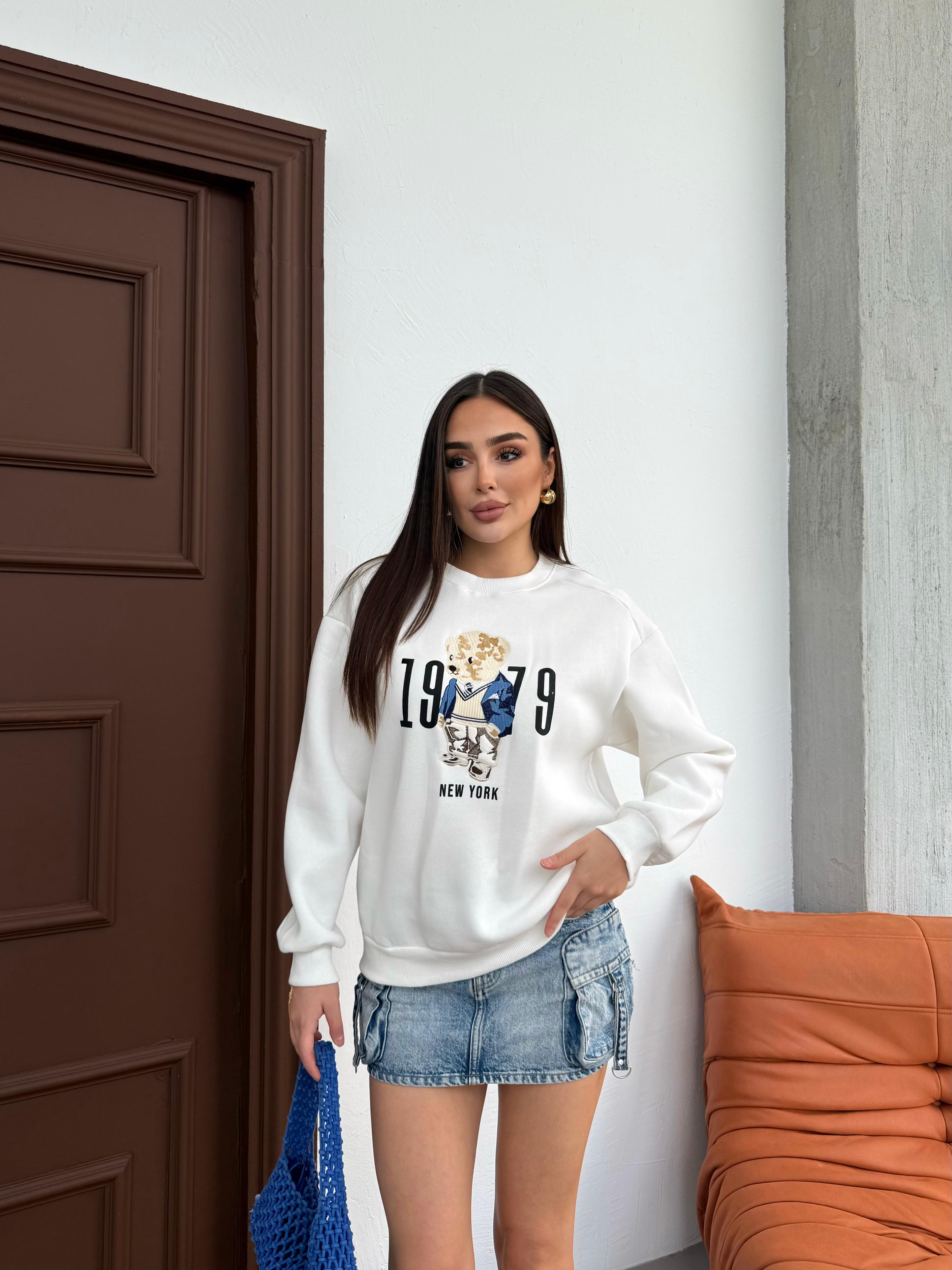 Kadın Newyork Baskılı Sweatshirt - beyaz