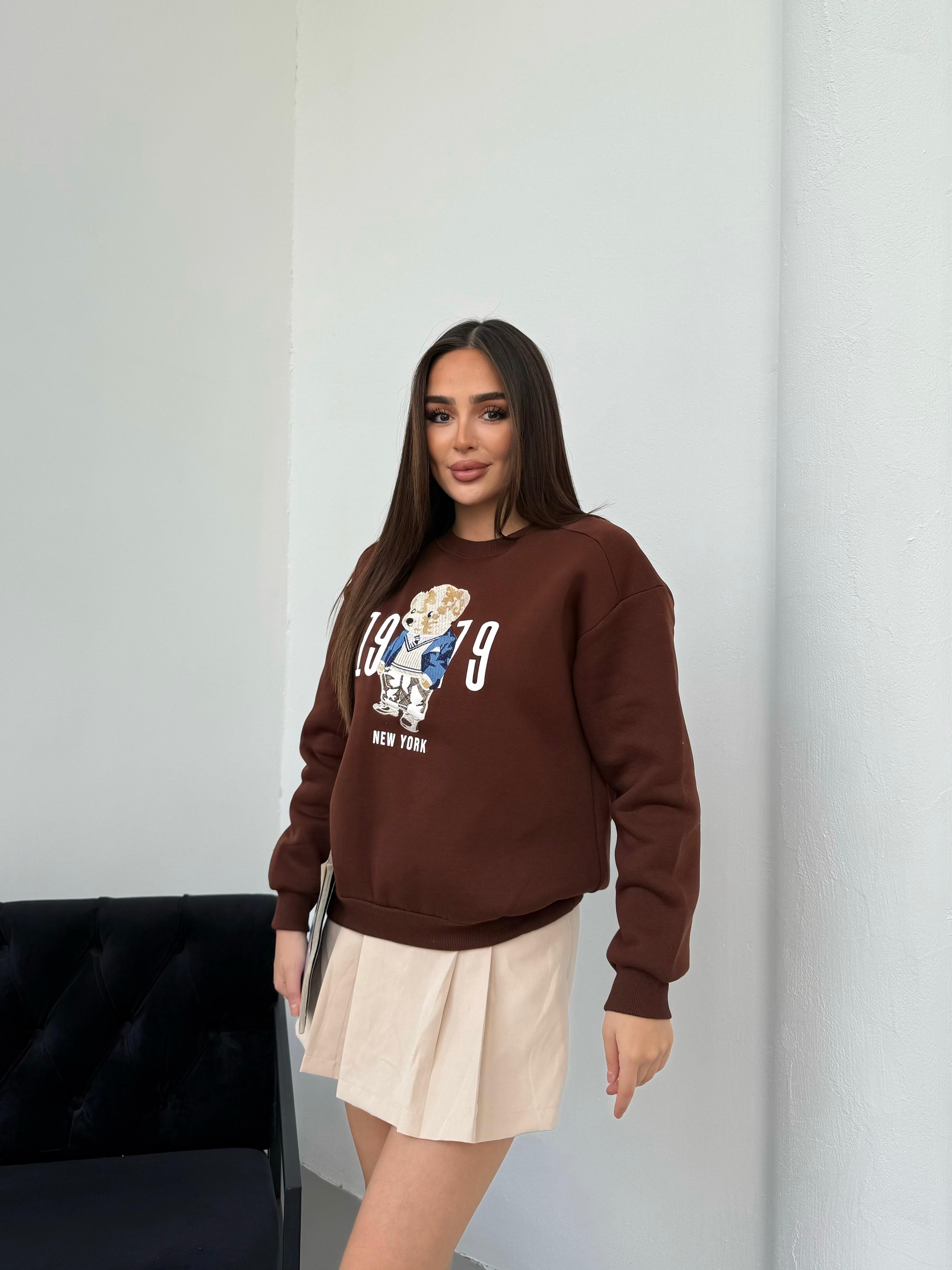 Kadın Newyork Baskılı Sweatshirt - Koyu Kahve